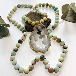 Sparkling Druzy Quartz & Frosted Amazonite Beaded Long Mala Style Necklace