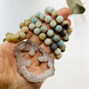 Sparkling Druzy Quartz & Frosted Amazonite Beaded Long Mala Style Necklace