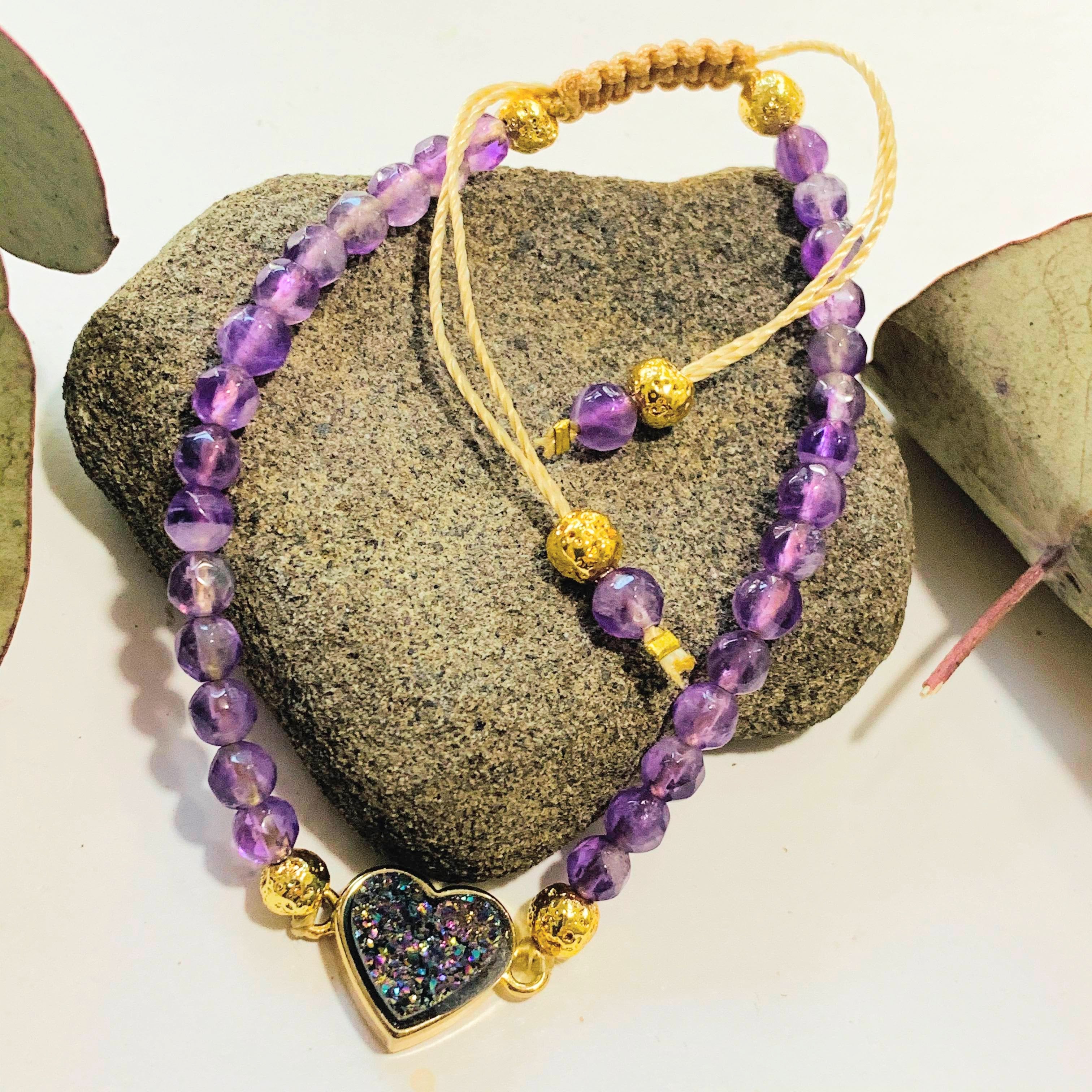 Brilliant Lavender Amethyst & Titanium Quartz Druzy Heart Charm Bracelet on Adjustable Cord - Earth Family Crystals