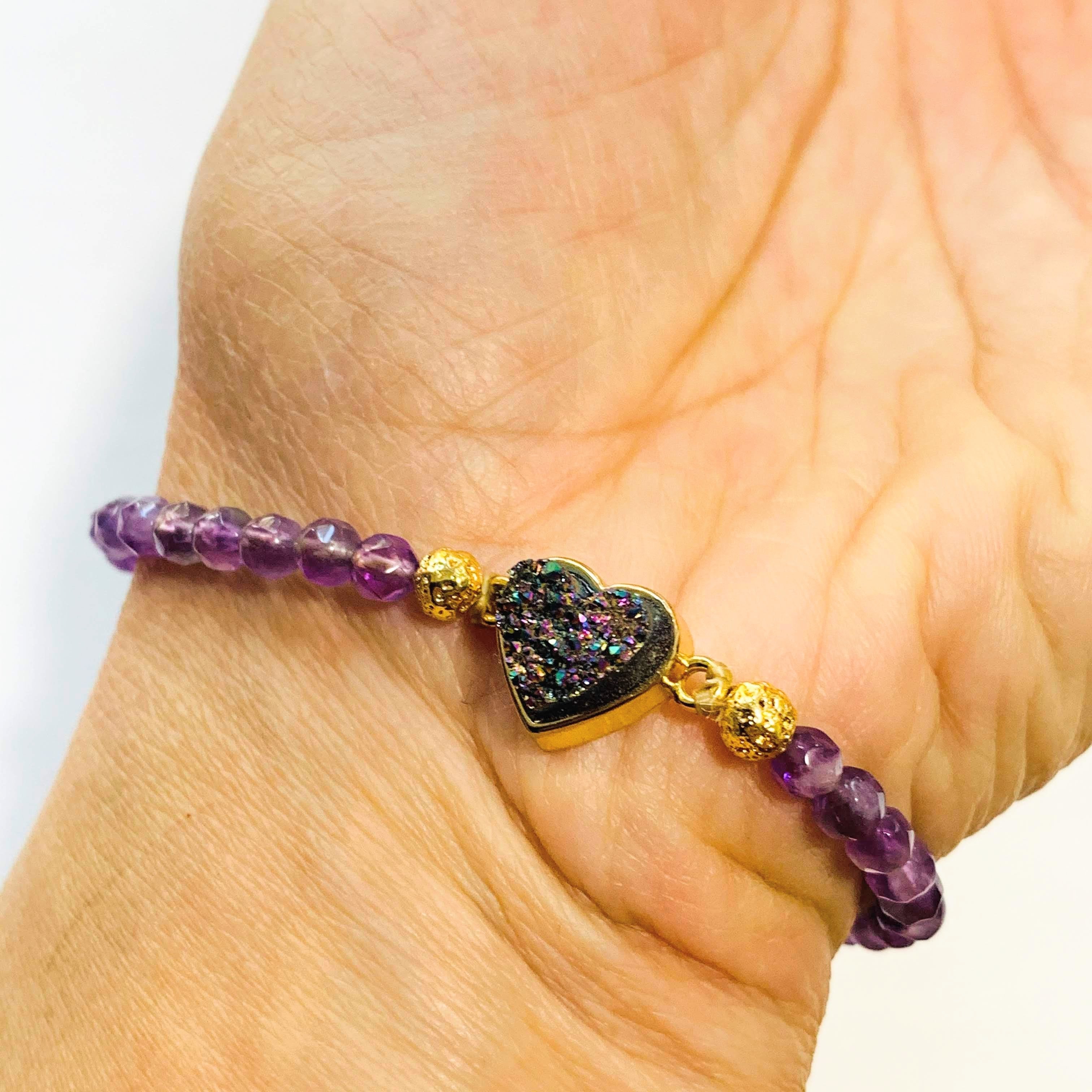 Brilliant Lavender Amethyst & Titanium Quartz Druzy Heart Charm Bracelet on Adjustable Cord - Earth Family Crystals
