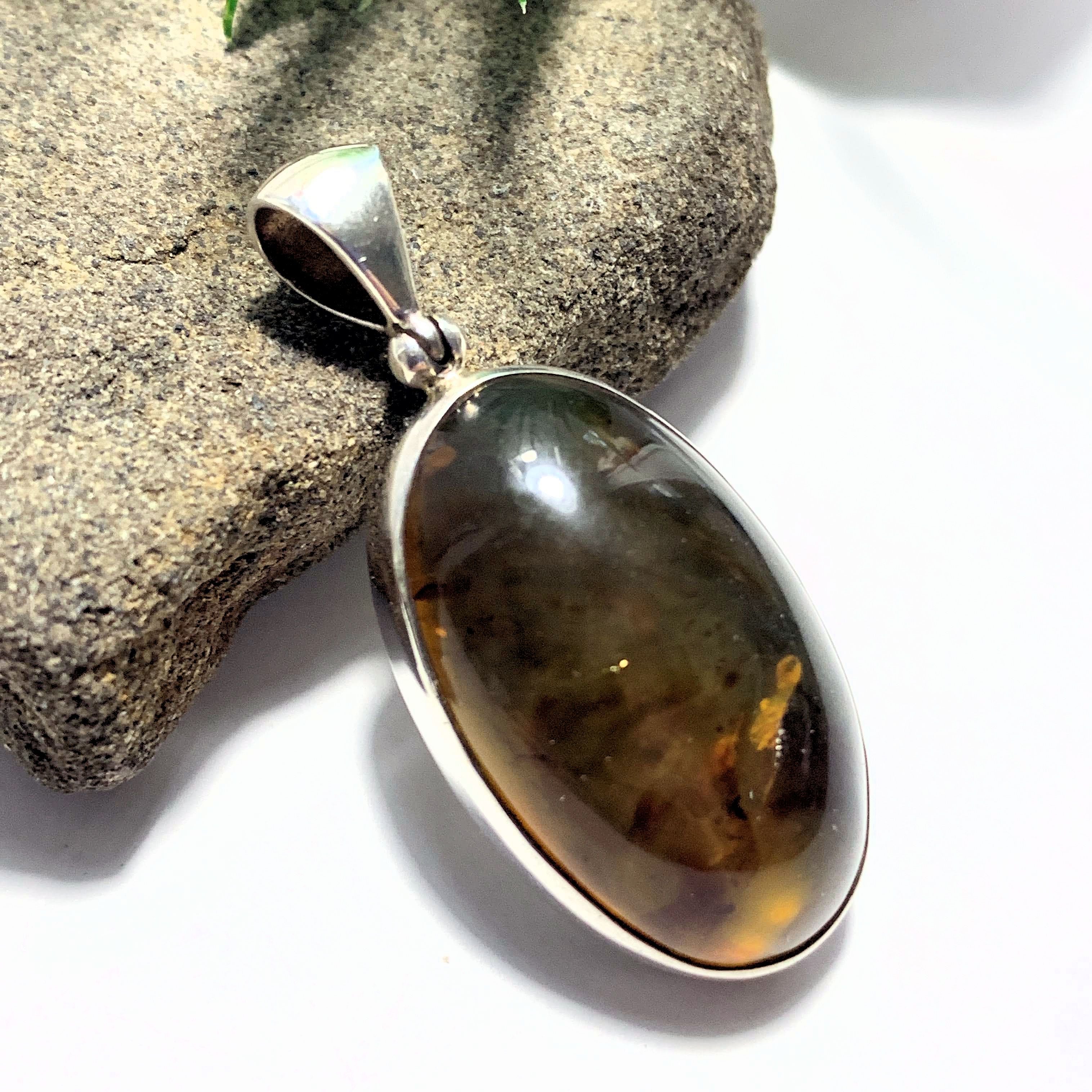 Sumatra Blue & Golden Amber  Pendant In Sterling Silver (Includes Silver Chain) REDUCED