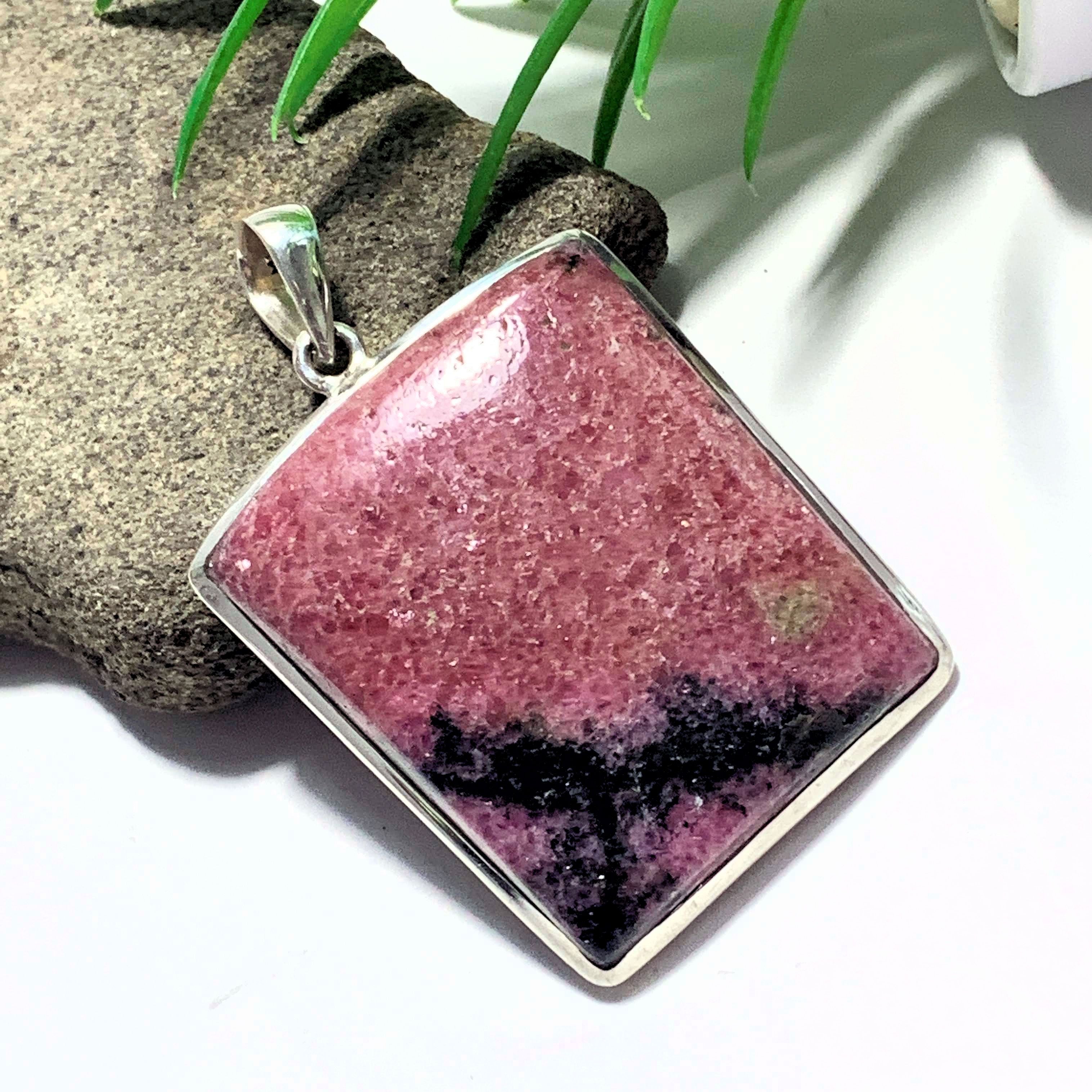 Chunky Raspberry Red Rhodonite Pendant In Sterling Silver (Includes Silver Chain)