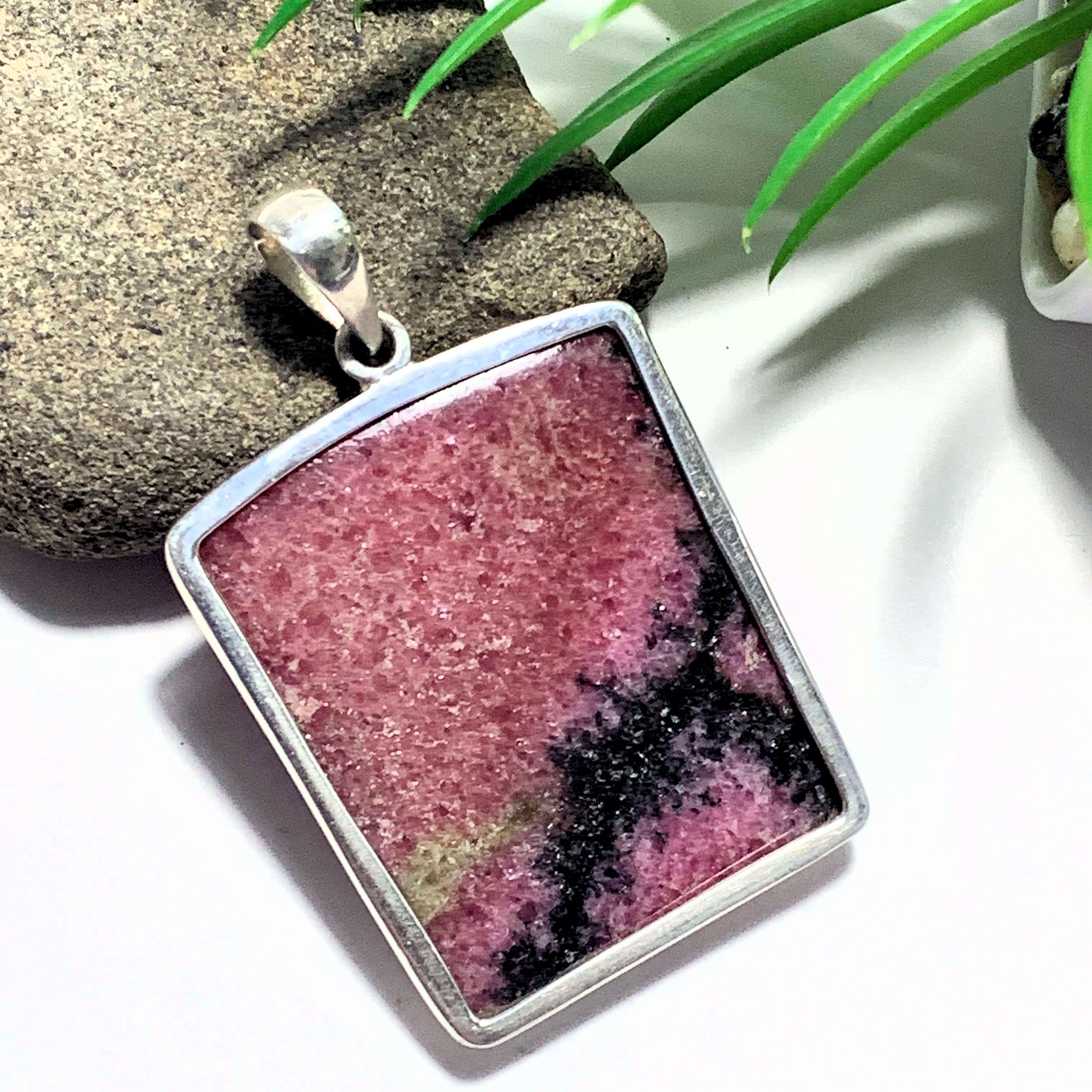 Chunky Raspberry Red Rhodonite Pendant In Sterling Silver (Includes Silver Chain)