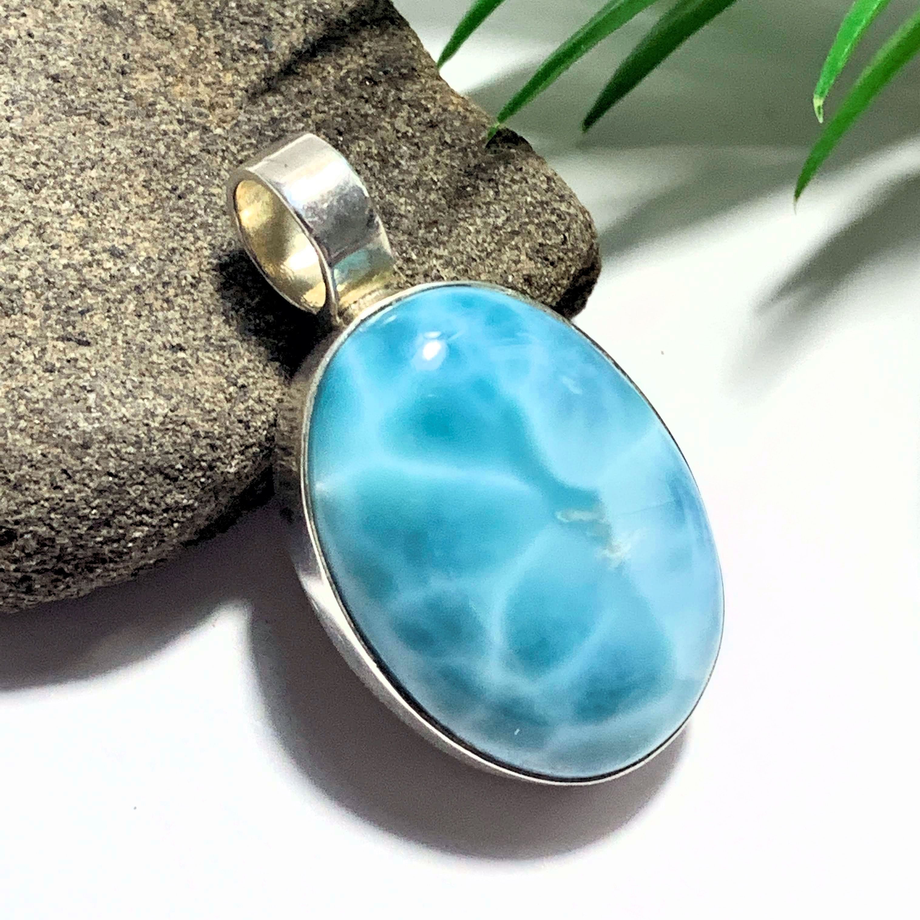 Deep Ocean Blue Larimar Large Sterling Silver Pendant (Includes Silver Chain)
