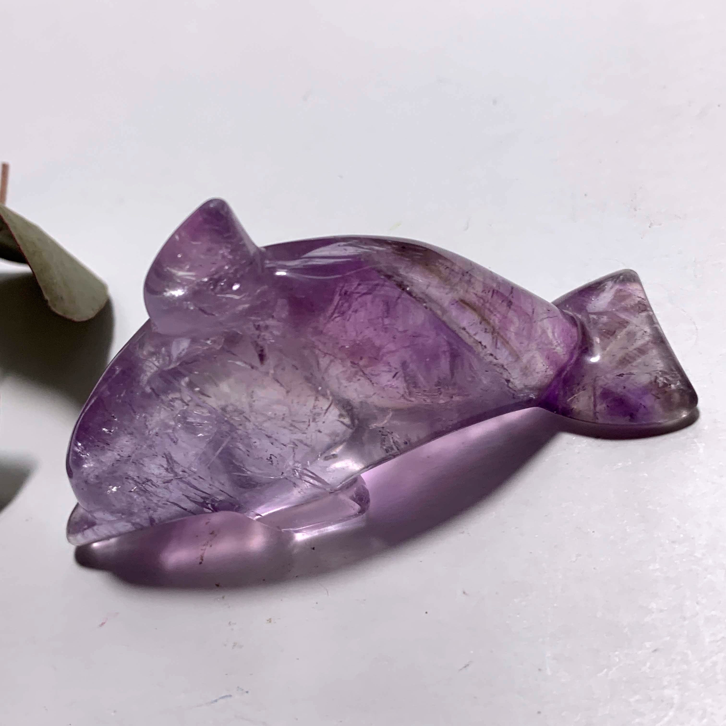 Brilliant Rainbow Inclusion! Optical Amethyst Dolphin Display Carving - Earth Family Crystals