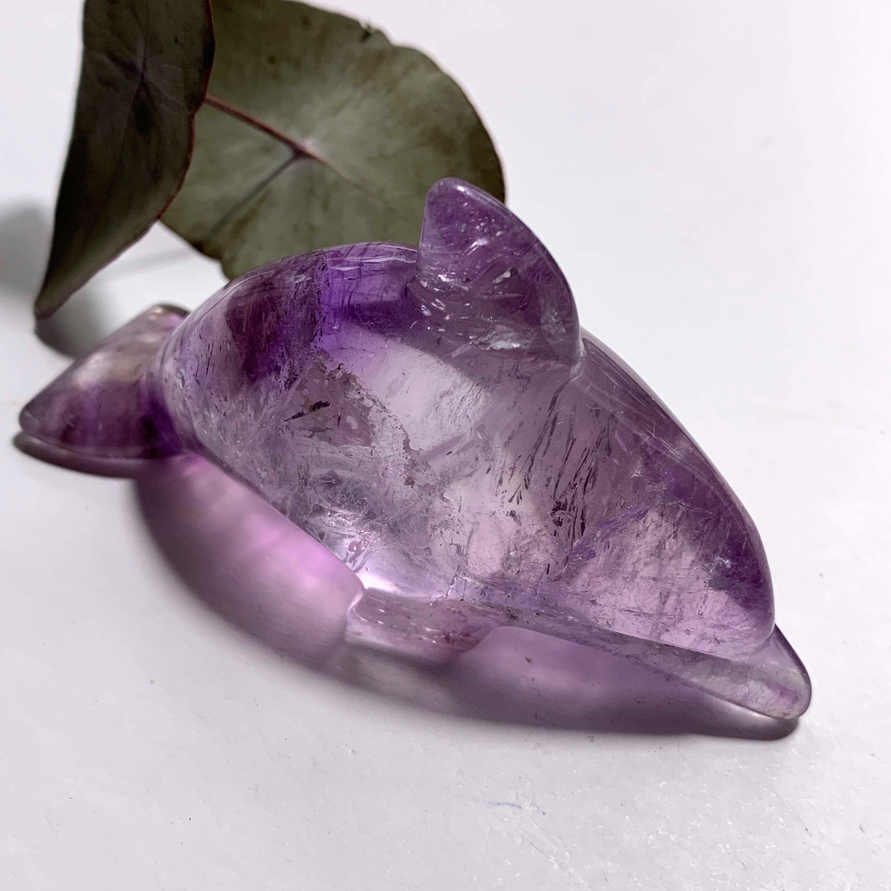 Brilliant Rainbow Inclusion! Optical Amethyst Dolphin Display Carving - Earth Family Crystals