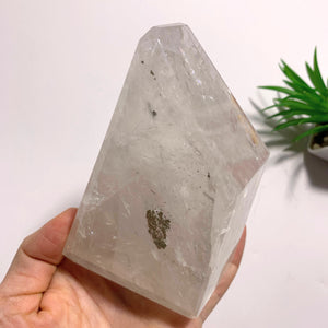 Gorgeous Large Clear Quartz Polished Display Specimen With Golden Pyrite Inclusion-Locality Brazil