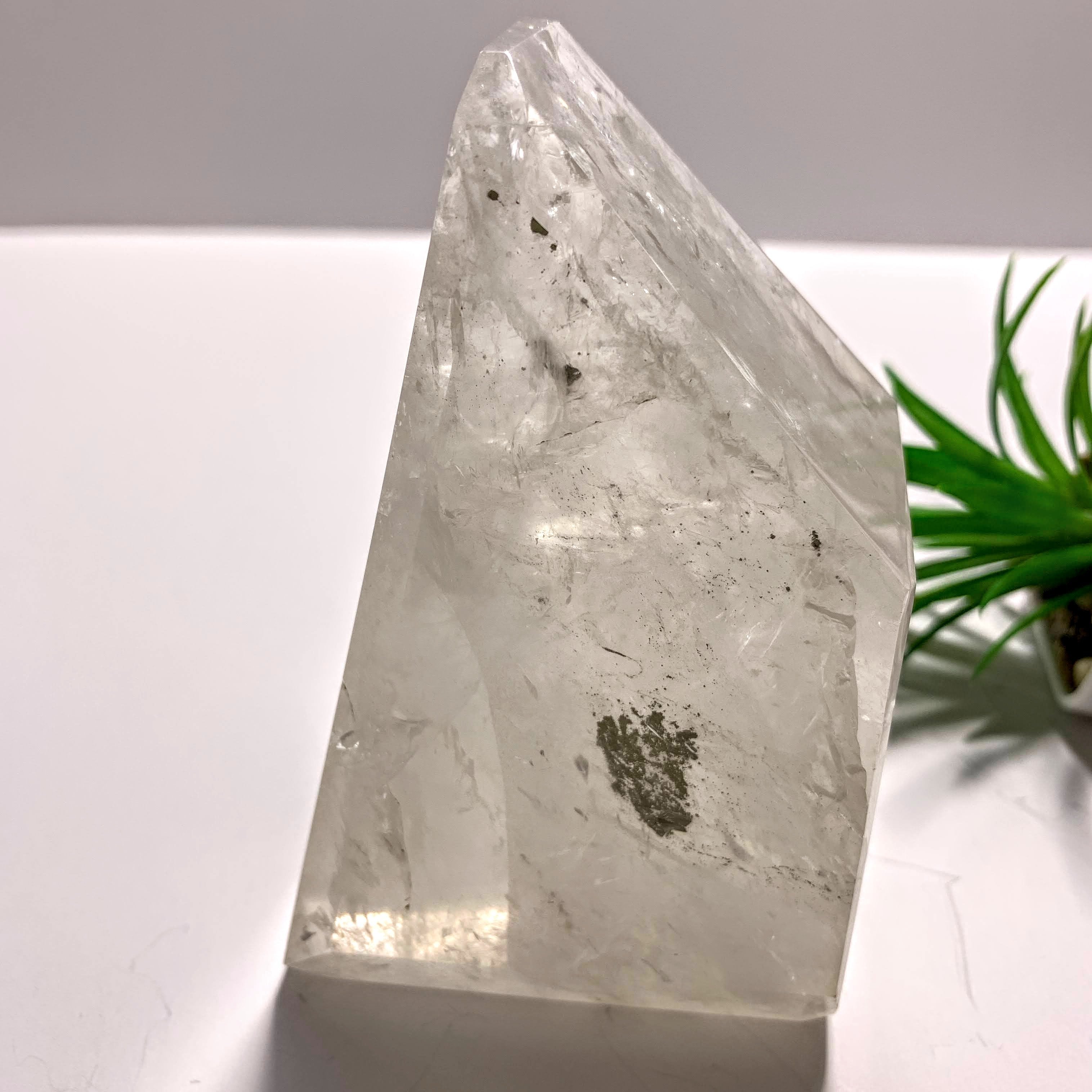 Gorgeous Large Clear Quartz Polished Display Specimen With Golden Pyrite Inclusion-Locality Brazil