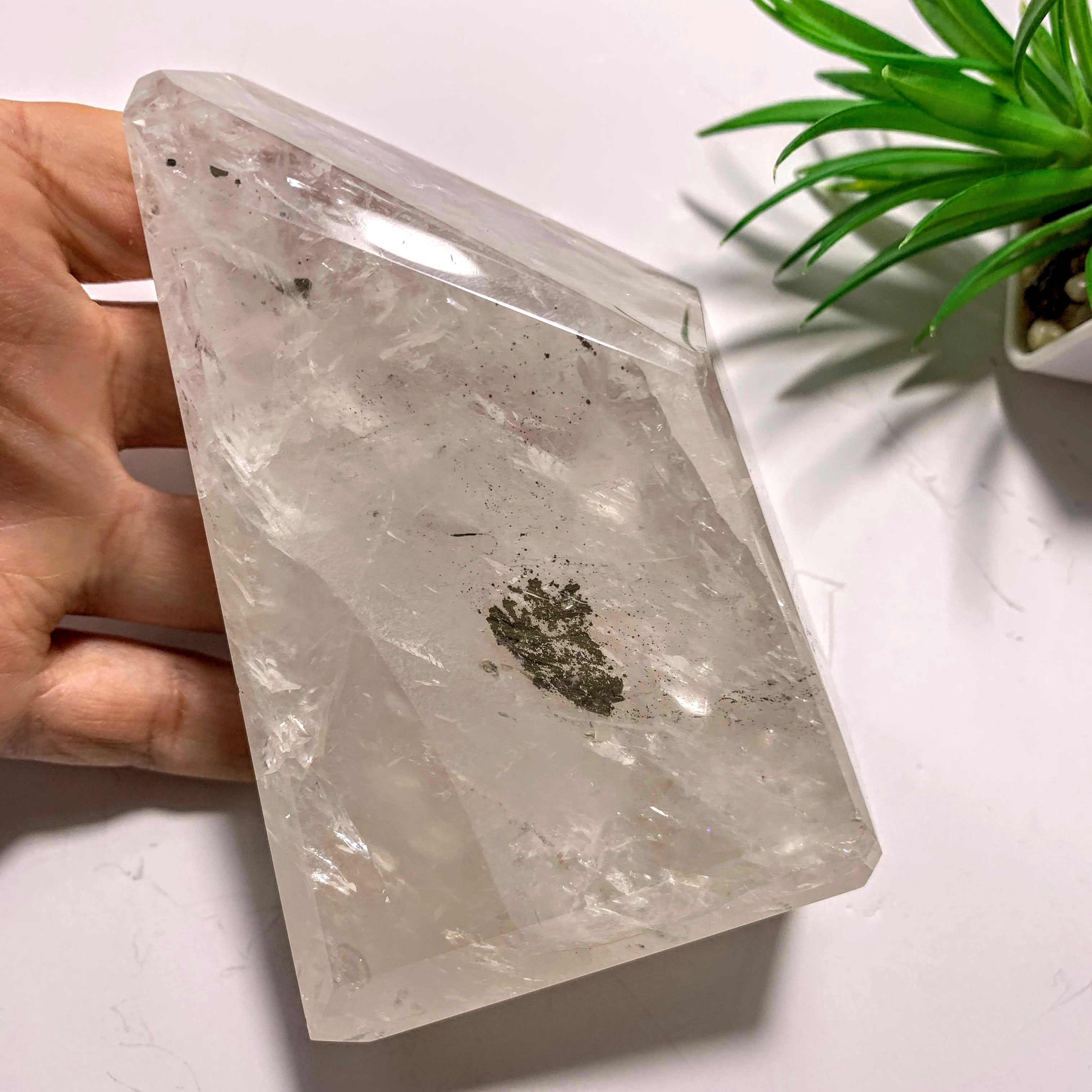 Gorgeous Large Clear Quartz Polished Display Specimen With Golden Pyrite Inclusion-Locality Brazil
