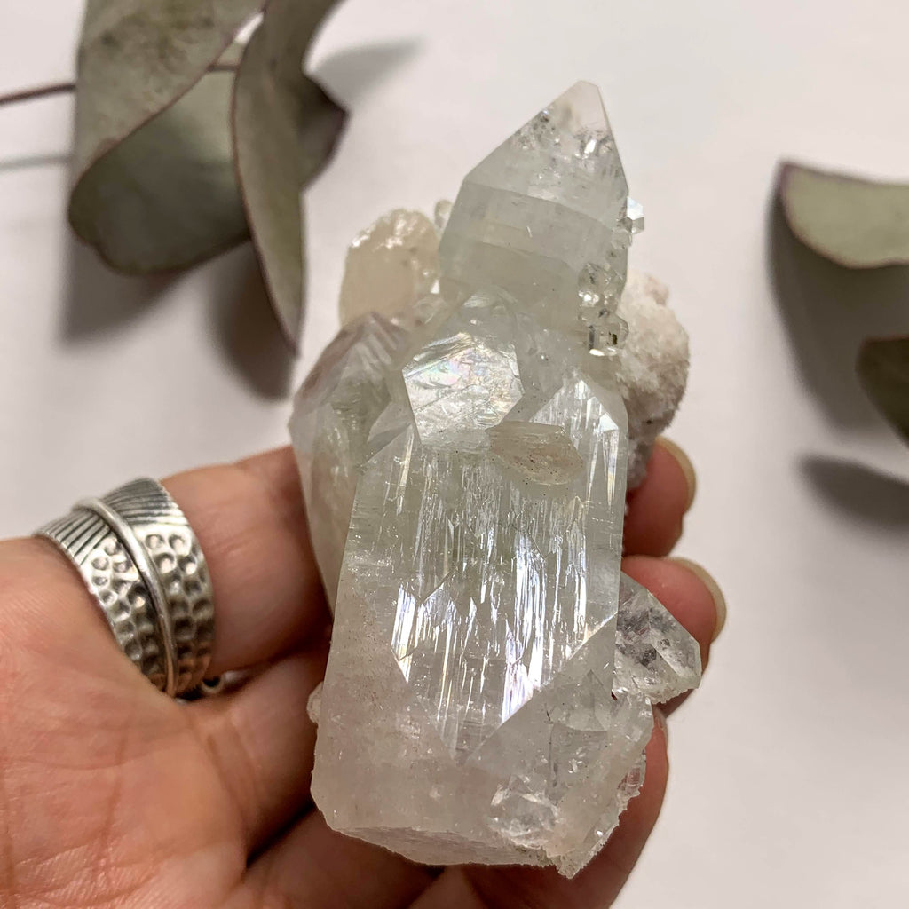 Gemmy Mint Green/Clear Apophyllite With Stilbite Nestled & Chalcedony Matrix From India - Earth Family Crystals