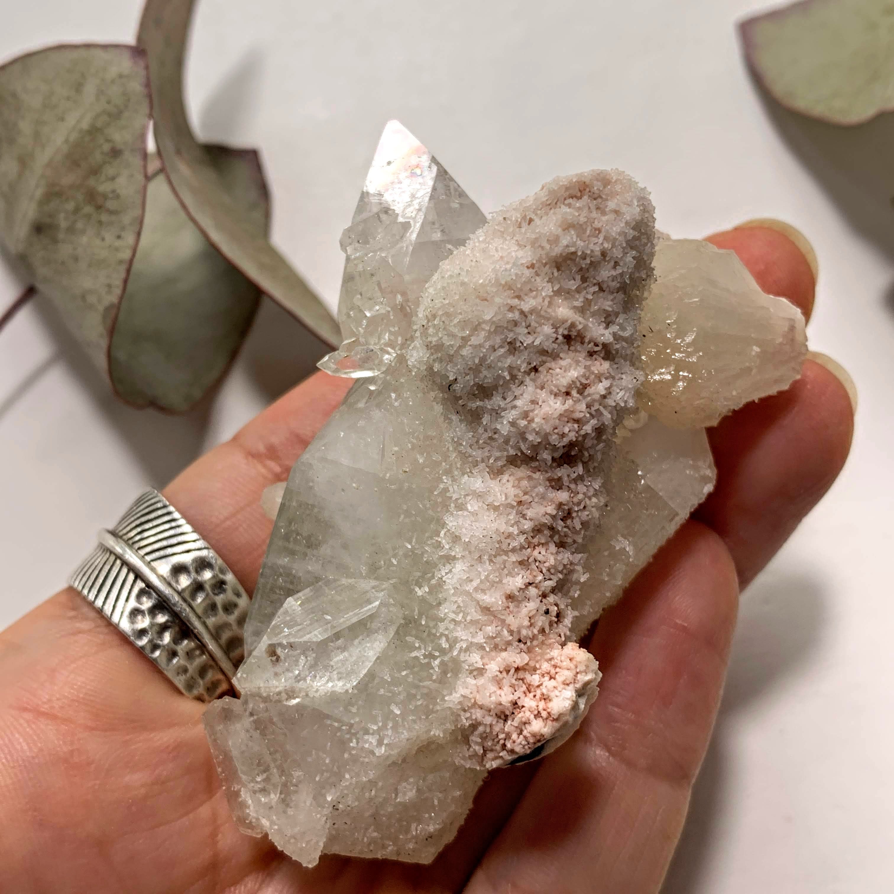 Gemmy Mint Green/Clear Apophyllite With Stilbite Nestled & Chalcedony Matrix From India - Earth Family Crystals
