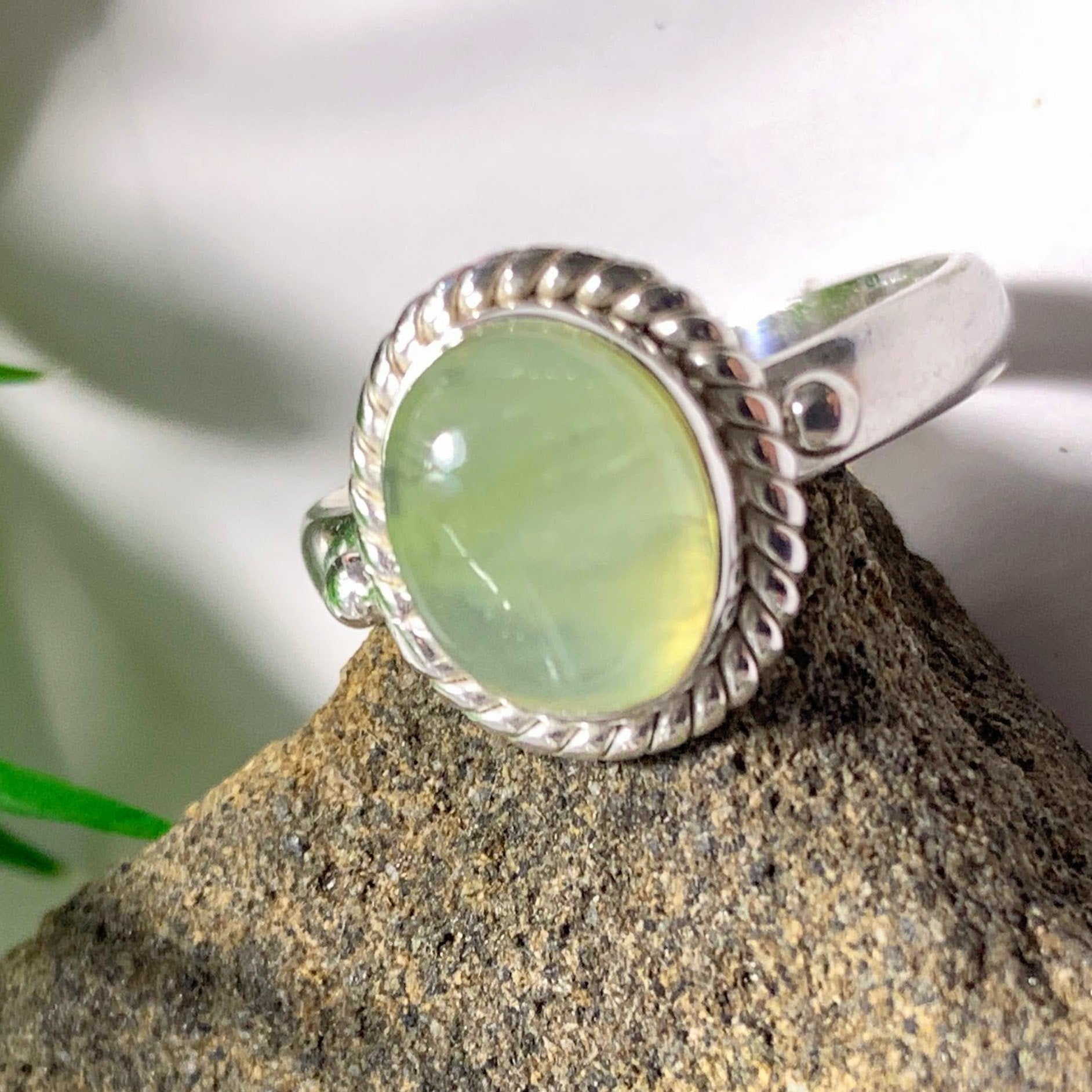 Cute Dainty Mint Green Prehnite Sterling Silver Ring (Size 7)