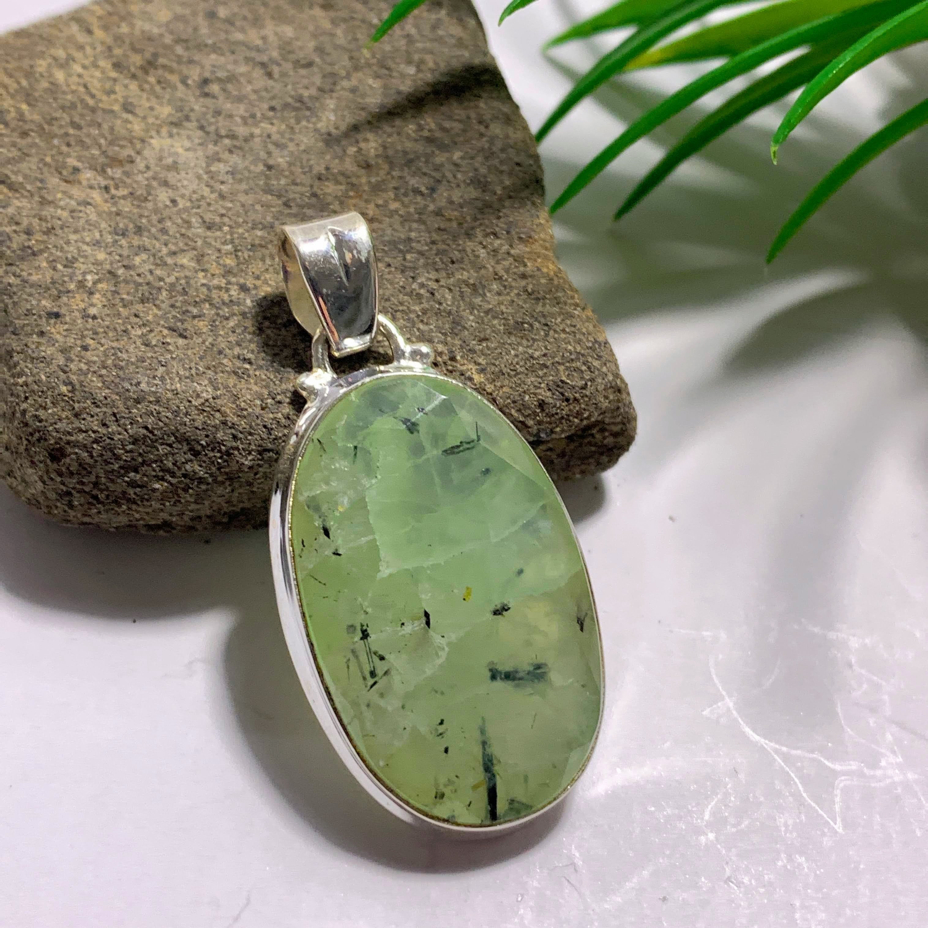 Stunning Green Prehnite & Epidot Threads Faceted Sterling Silver Pendant (Includes Silver Chain)