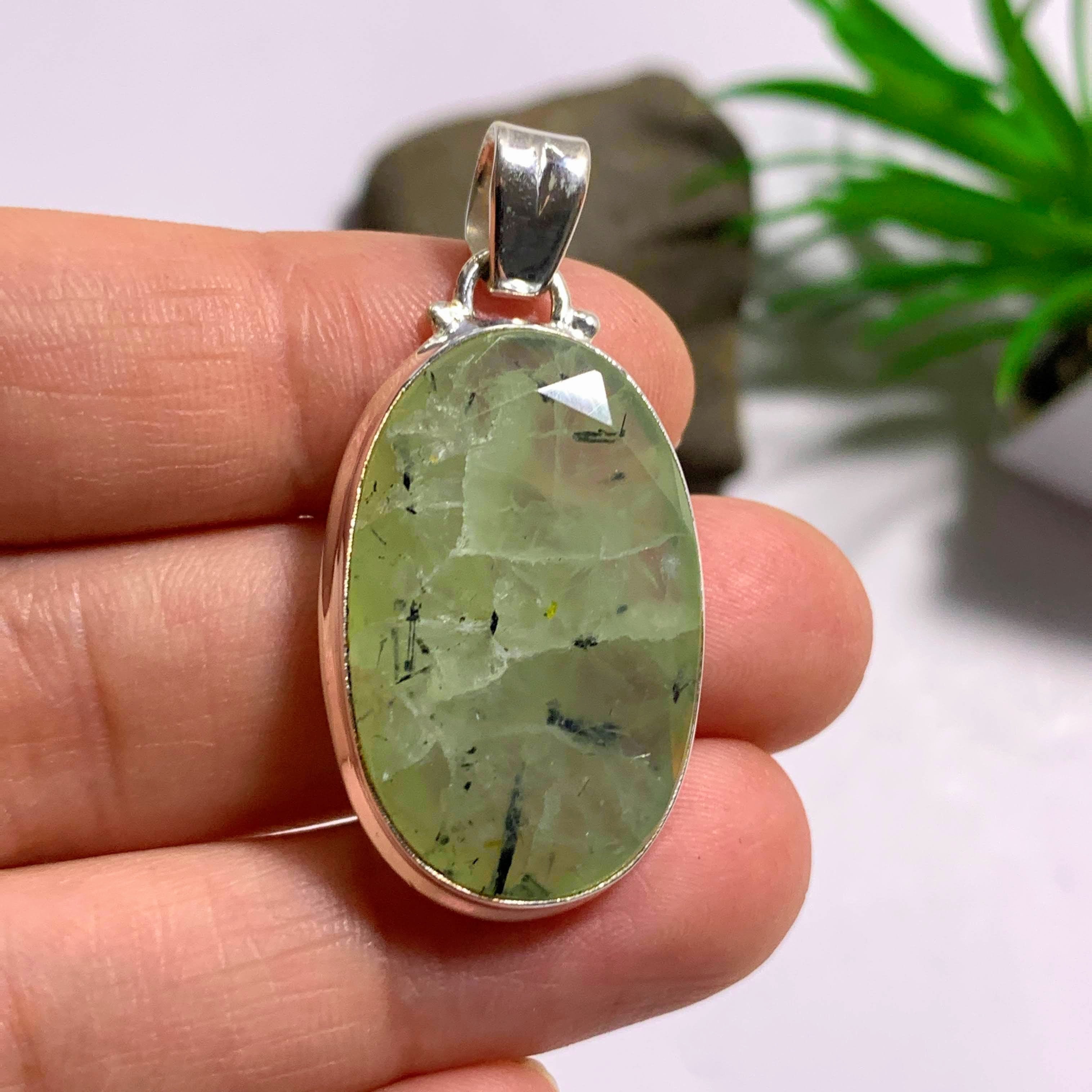 Stunning Green Prehnite & Epidot Threads Faceted Sterling Silver Pendant (Includes Silver Chain)