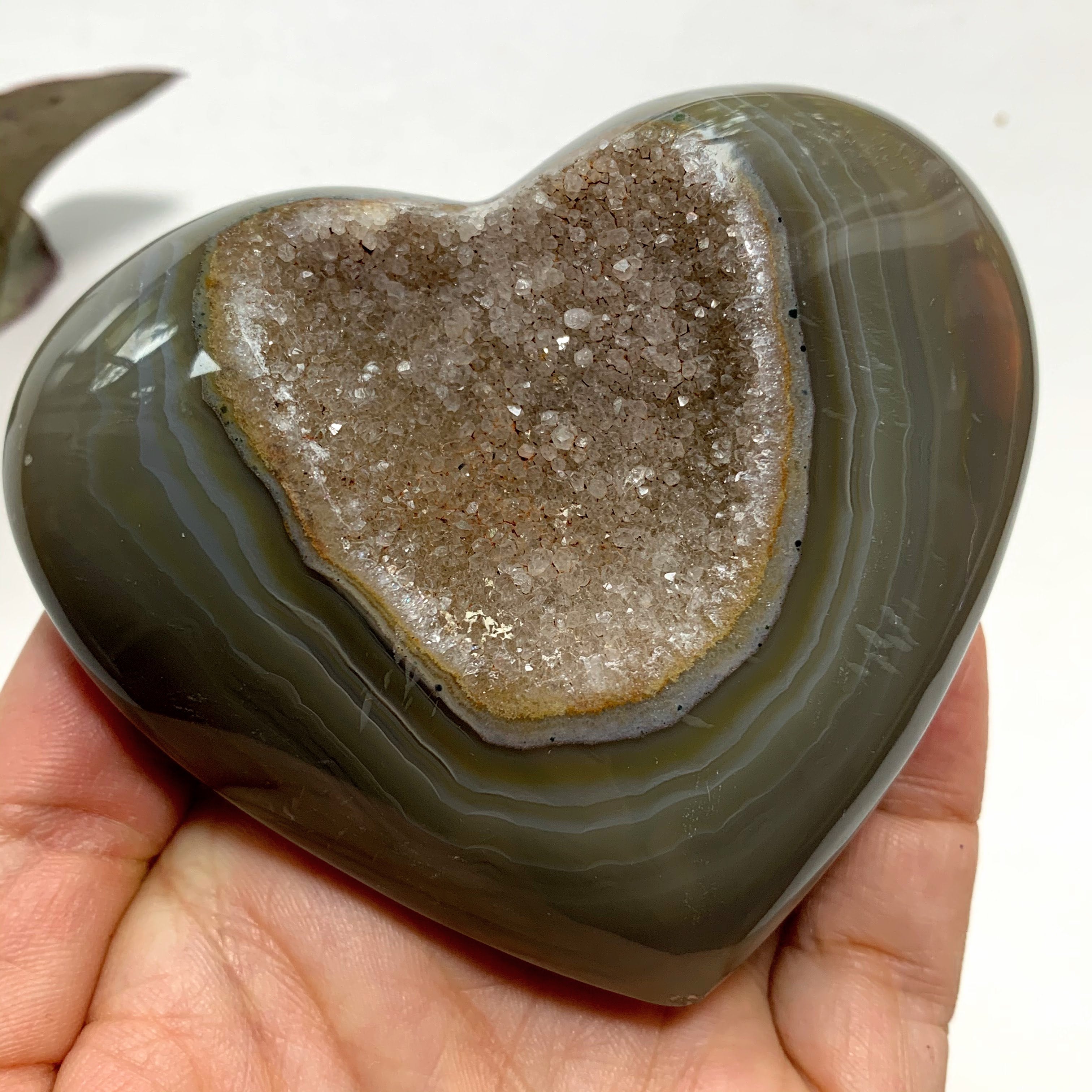 Sparkling Quartz Druzy & Agate Love Heart Carving From Brazil