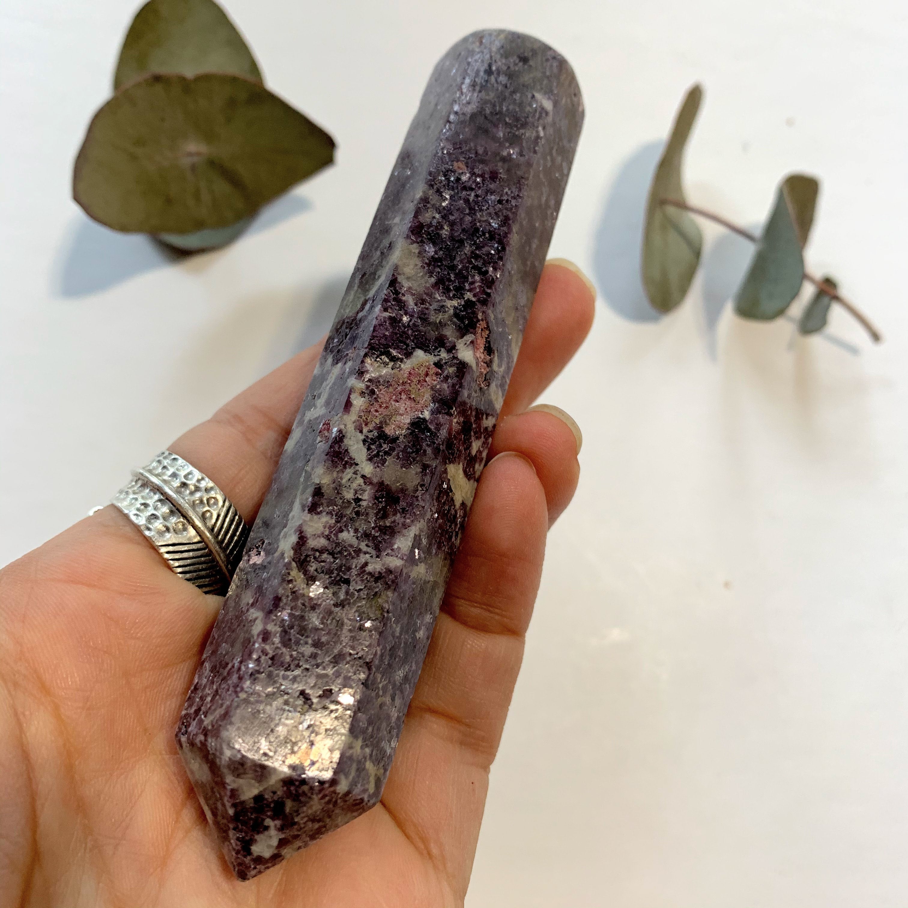 Shimmering Deep Lilac Lepidolite With Pink Tourmaline Inclusion Wand Carving From Brazil #1