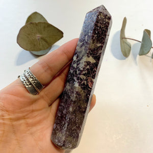 Shimmering Deep Lilac Lepidolite With Pink Tourmaline Inclusion Wand Carving From Brazil #1