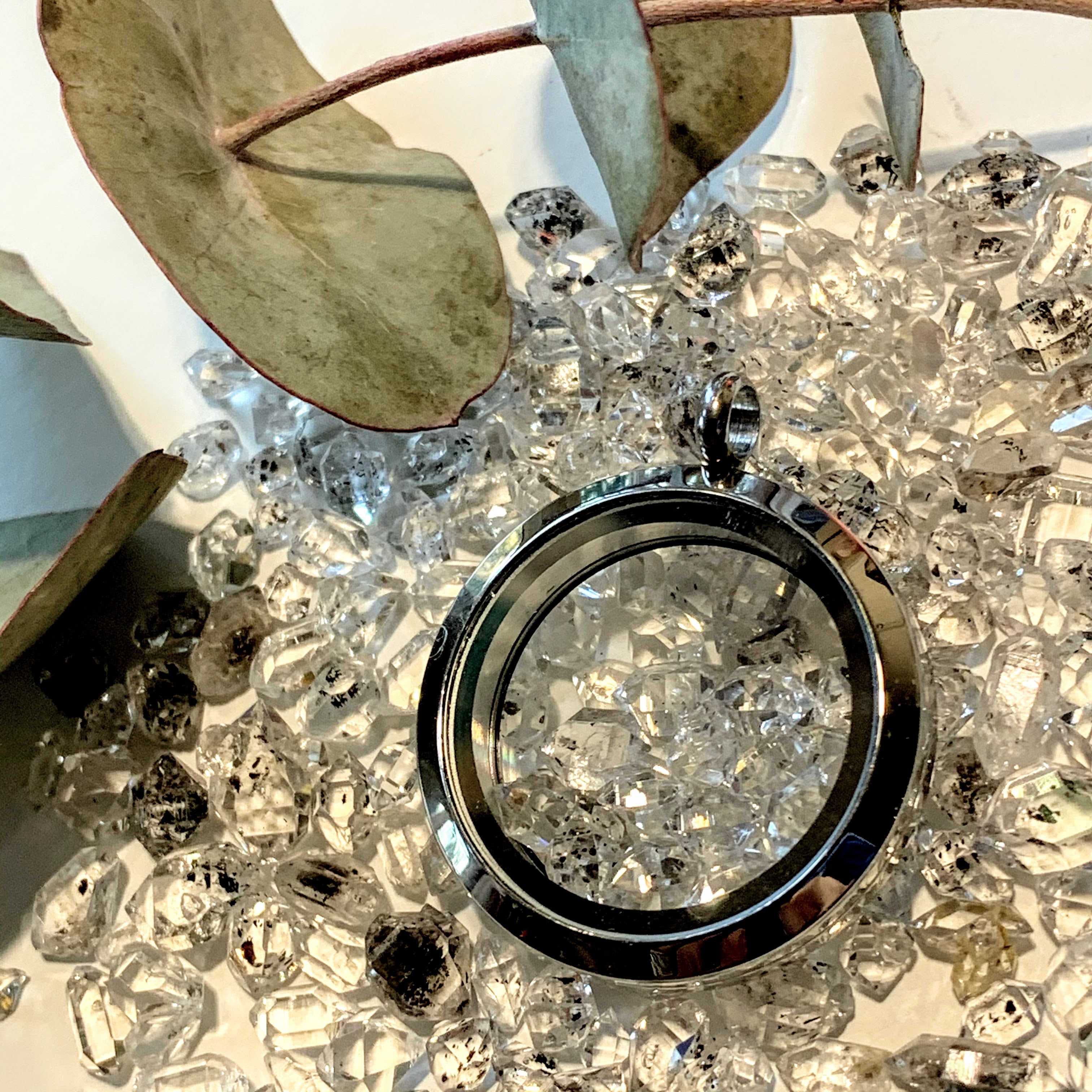 Brilliant 12 Herkimer Diamonds Floating in Stainless Steel Locket Style Pendant (Includes Silver Chain) - Earth Family Crystals