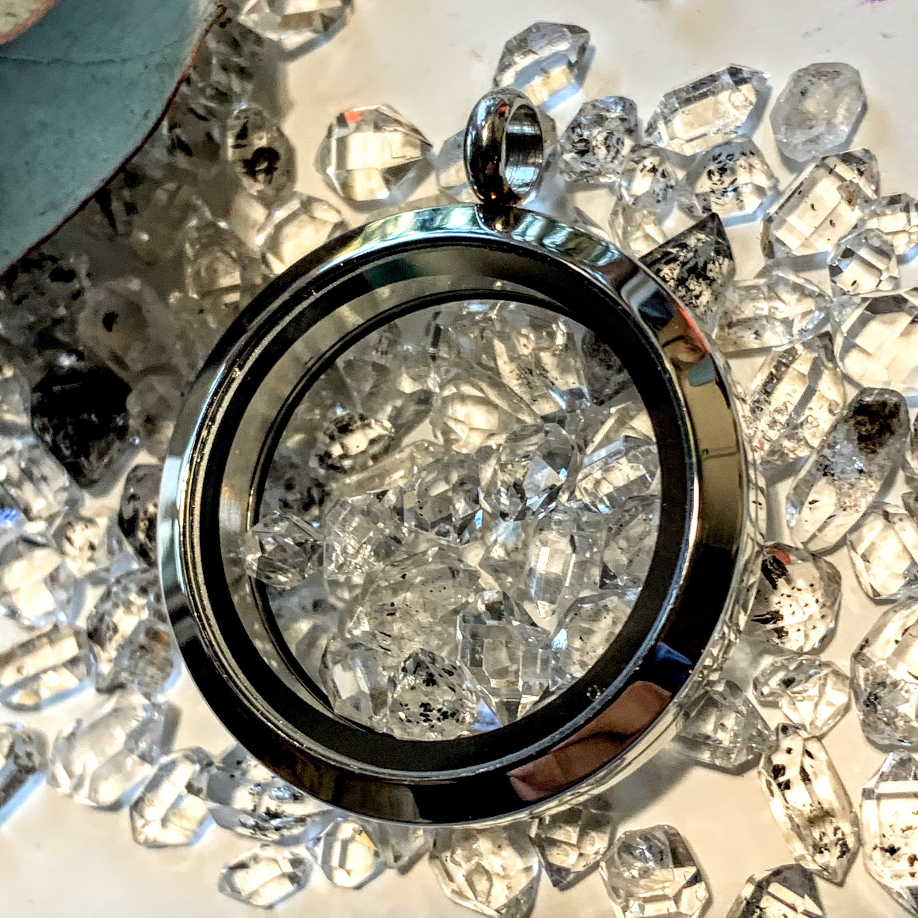 Brilliant 12 Herkimer Diamonds Floating in Stainless Steel Locket Style Pendant (Includes Silver Chain) - Earth Family Crystals