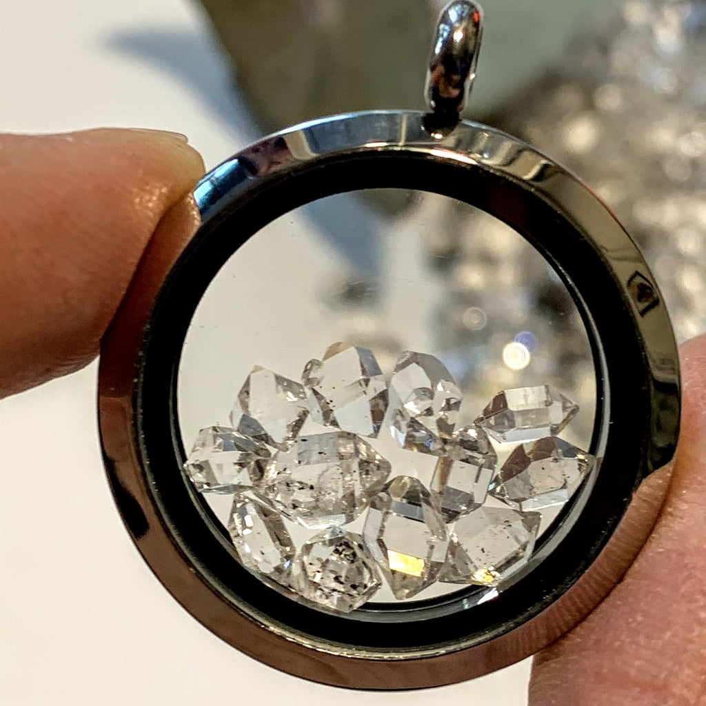Brilliant 12 Herkimer Diamonds Floating in Stainless Steel Locket Style Pendant (Includes Silver Chain) - Earth Family Crystals