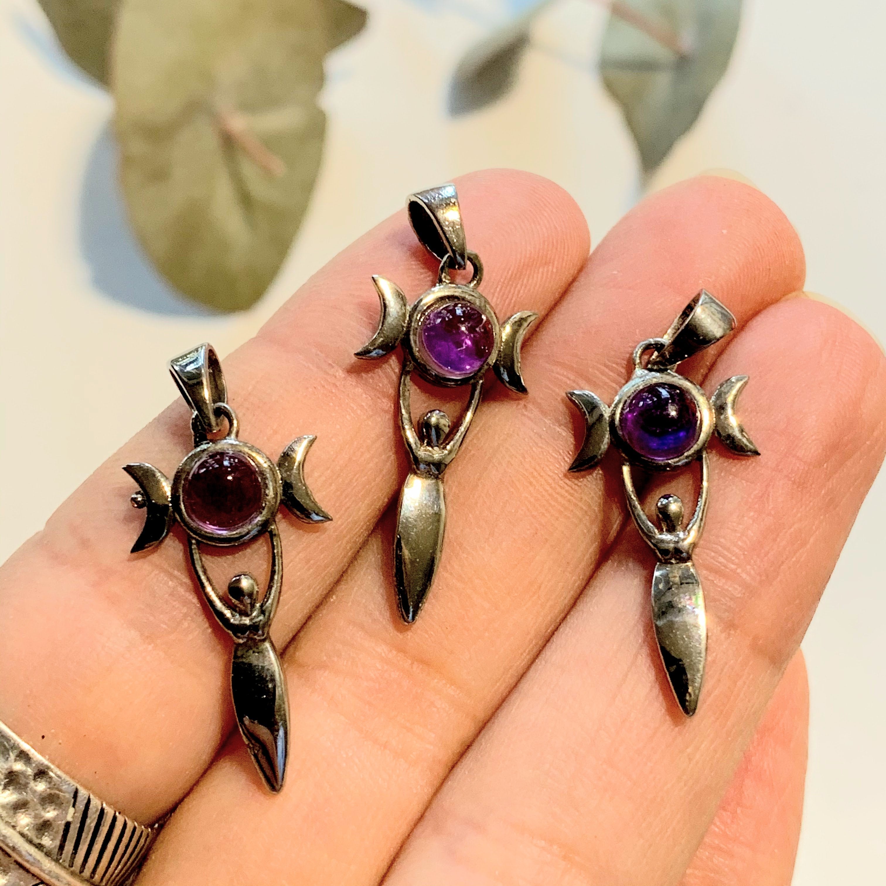 One Amethyst Goddess & Crescent Moons Dainty Pendant - Earth Family Crystals
