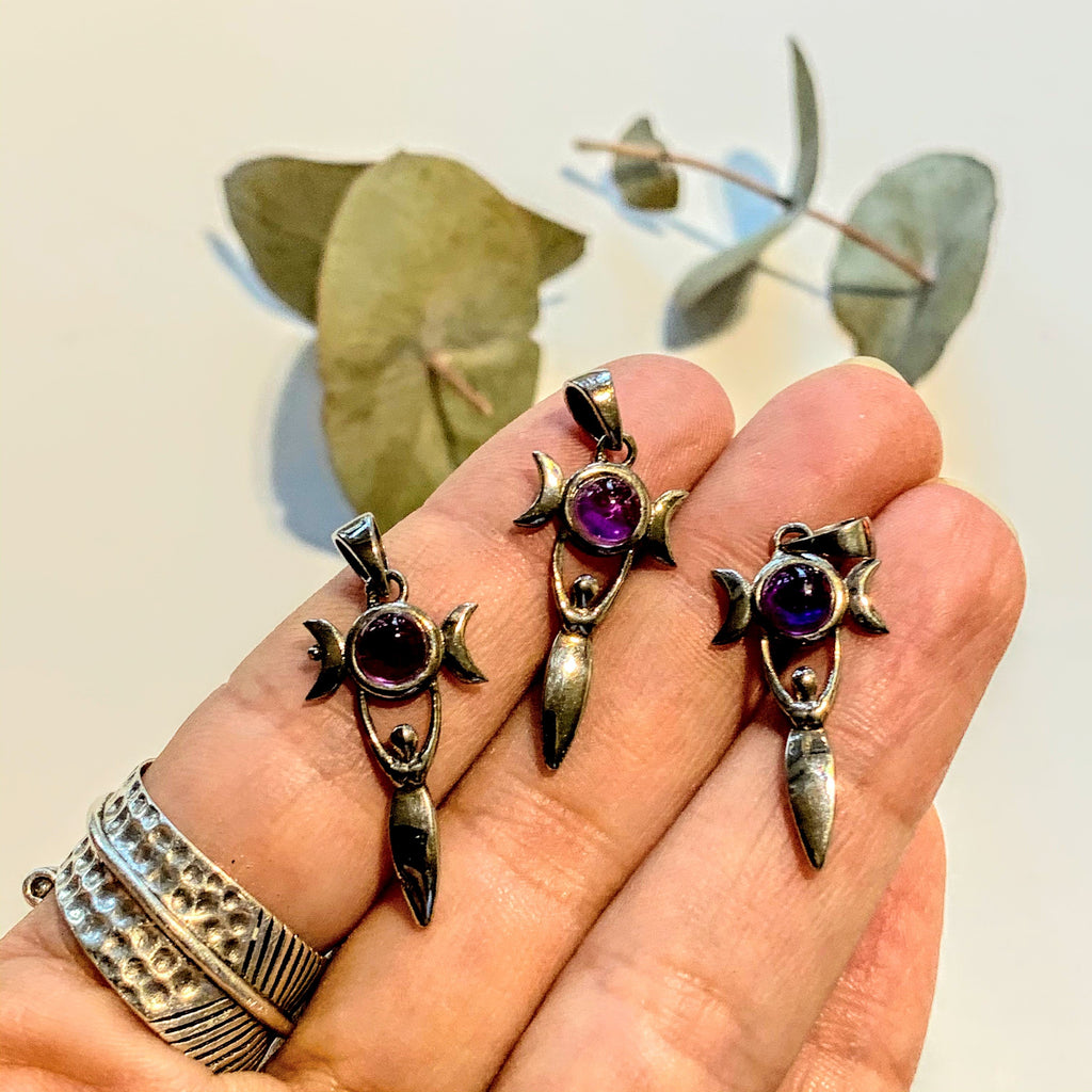 One Amethyst Goddess & Crescent Moons Dainty Pendant - Earth Family Crystals