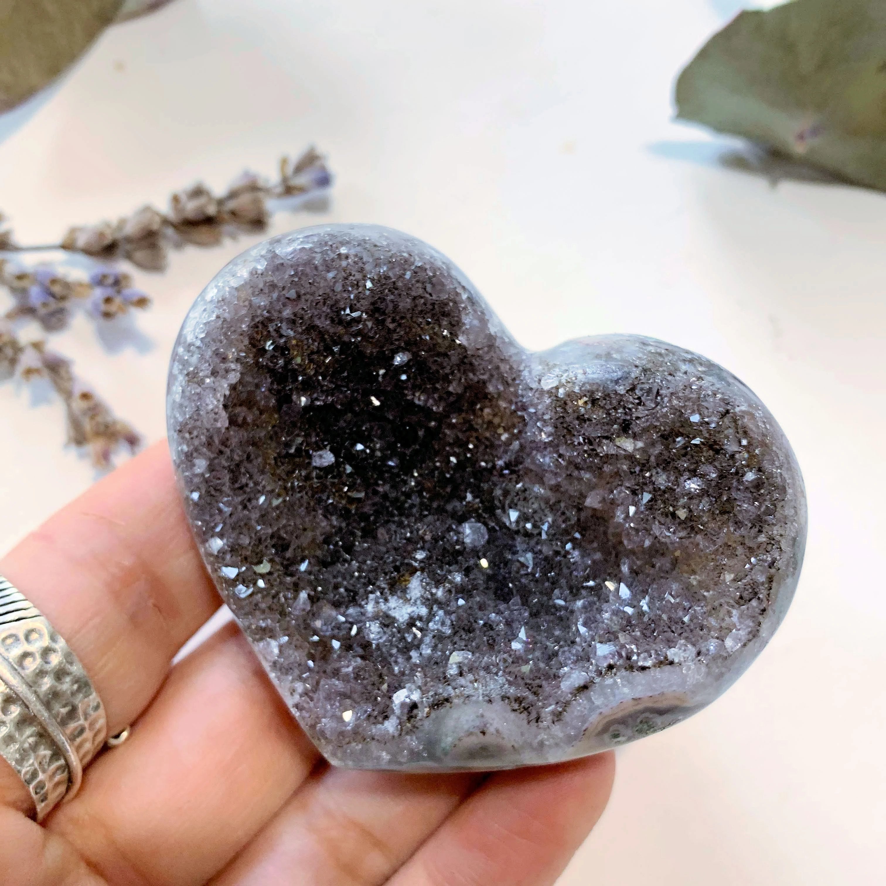 Pretty Sparkle Black Druzy Amethyst Geode Heart~ Locality Uruguay - Earth Family Crystals