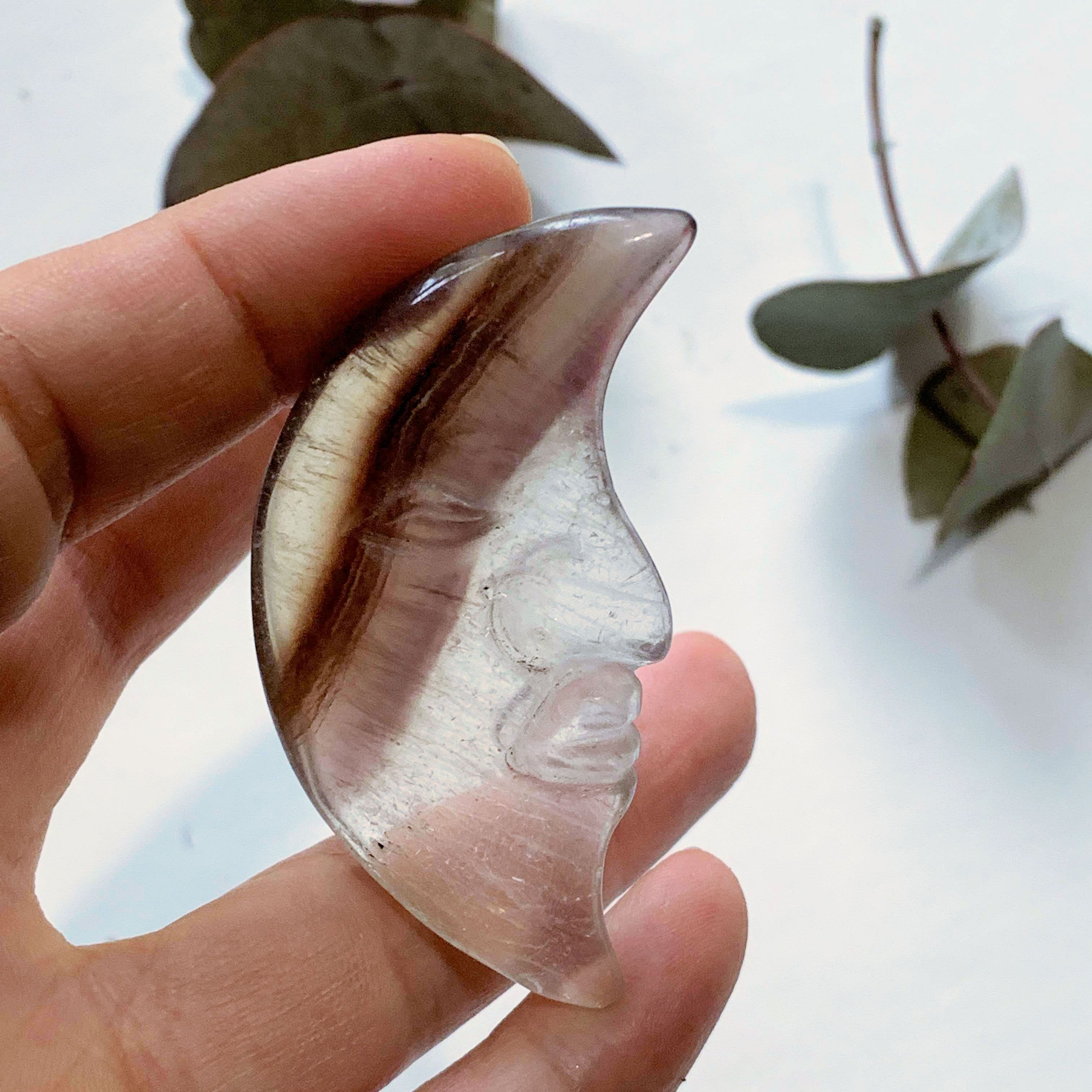 Unique  Smoky Quartz Crescent Moon Face Carving - Earth Family Crystals