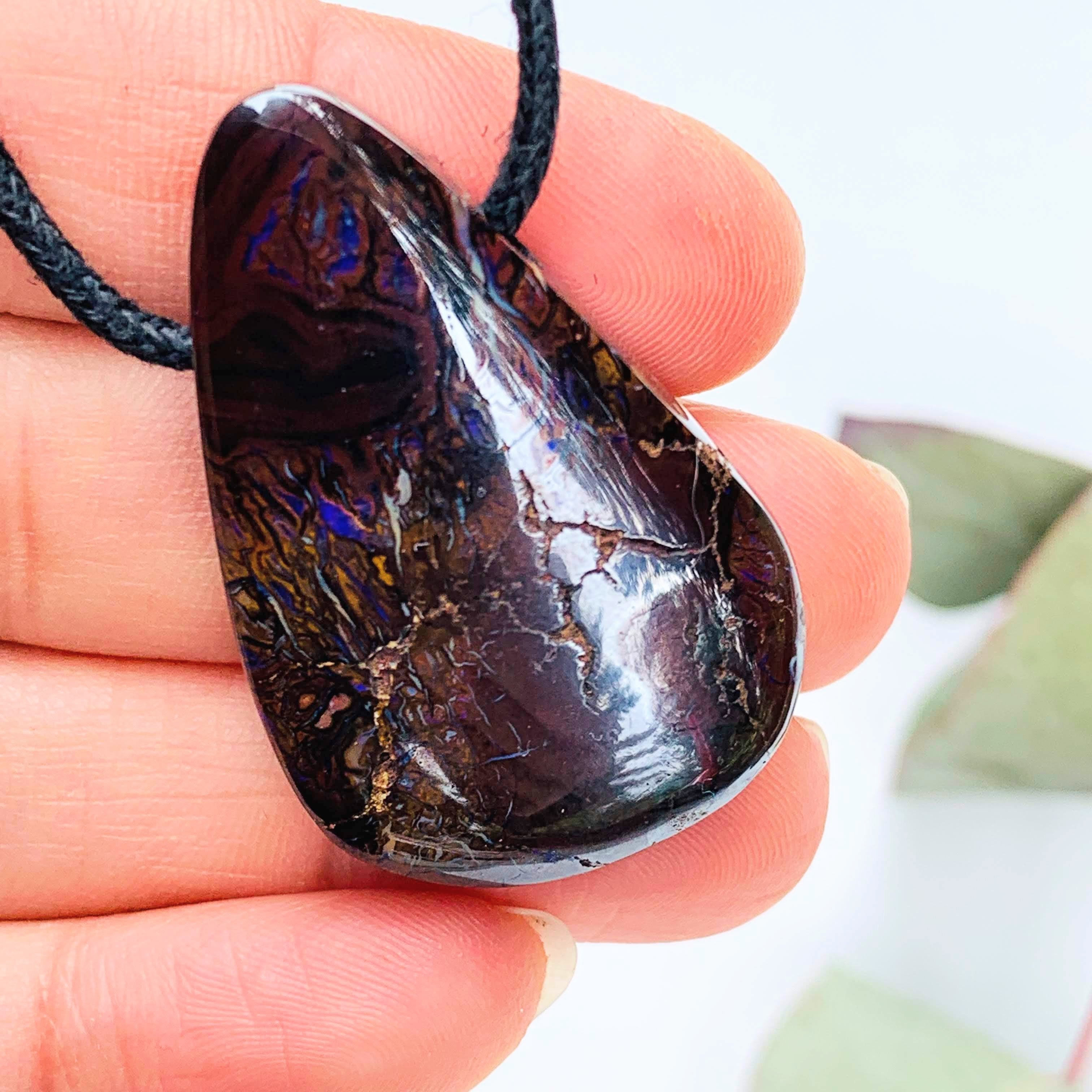 Partially Polished Australia Boulder Opal Pendant on Adjustable Cotton Cord - Earth Family Crystals