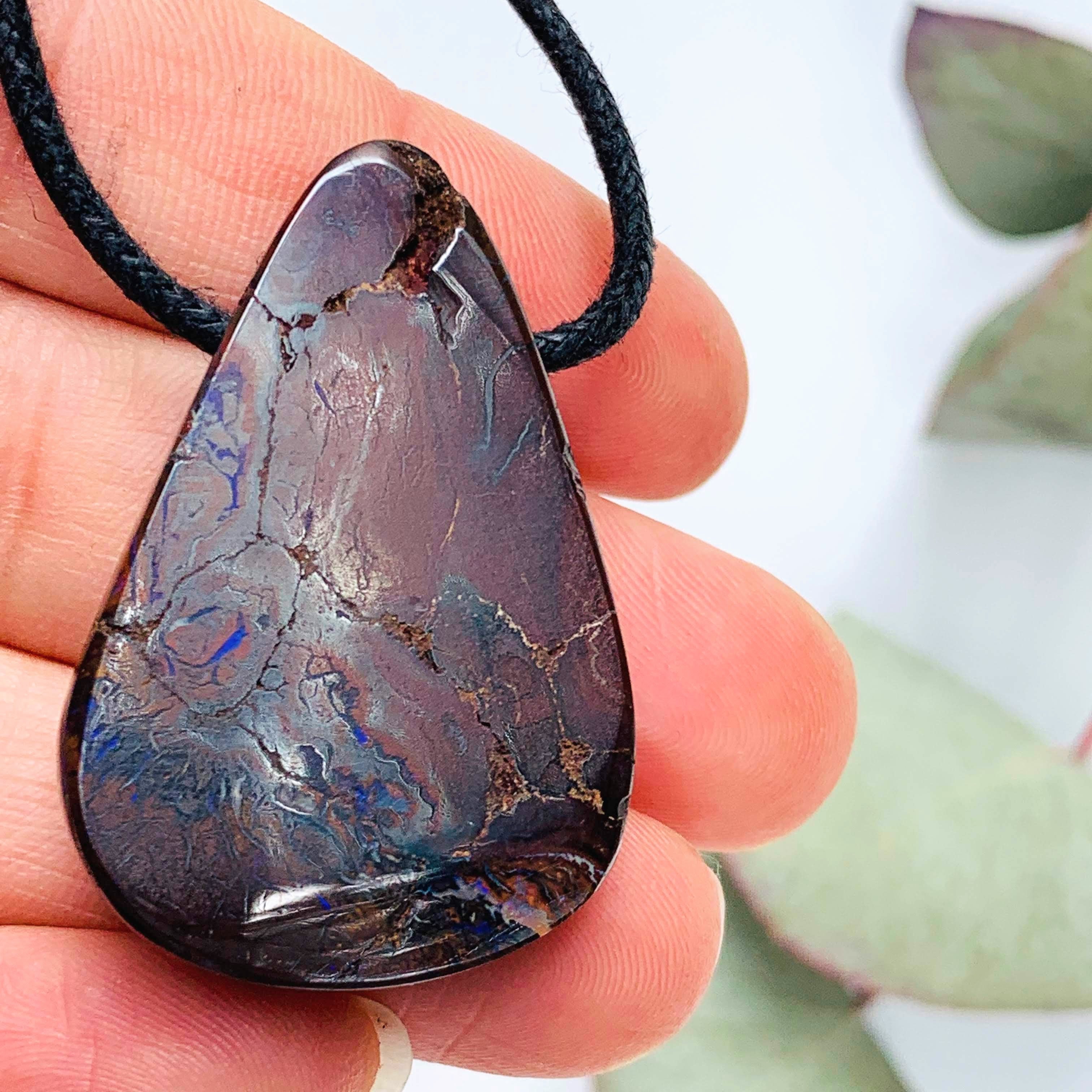 Partially Polished Australia Boulder Opal Pendant on Adjustable Cotton Cord - Earth Family Crystals