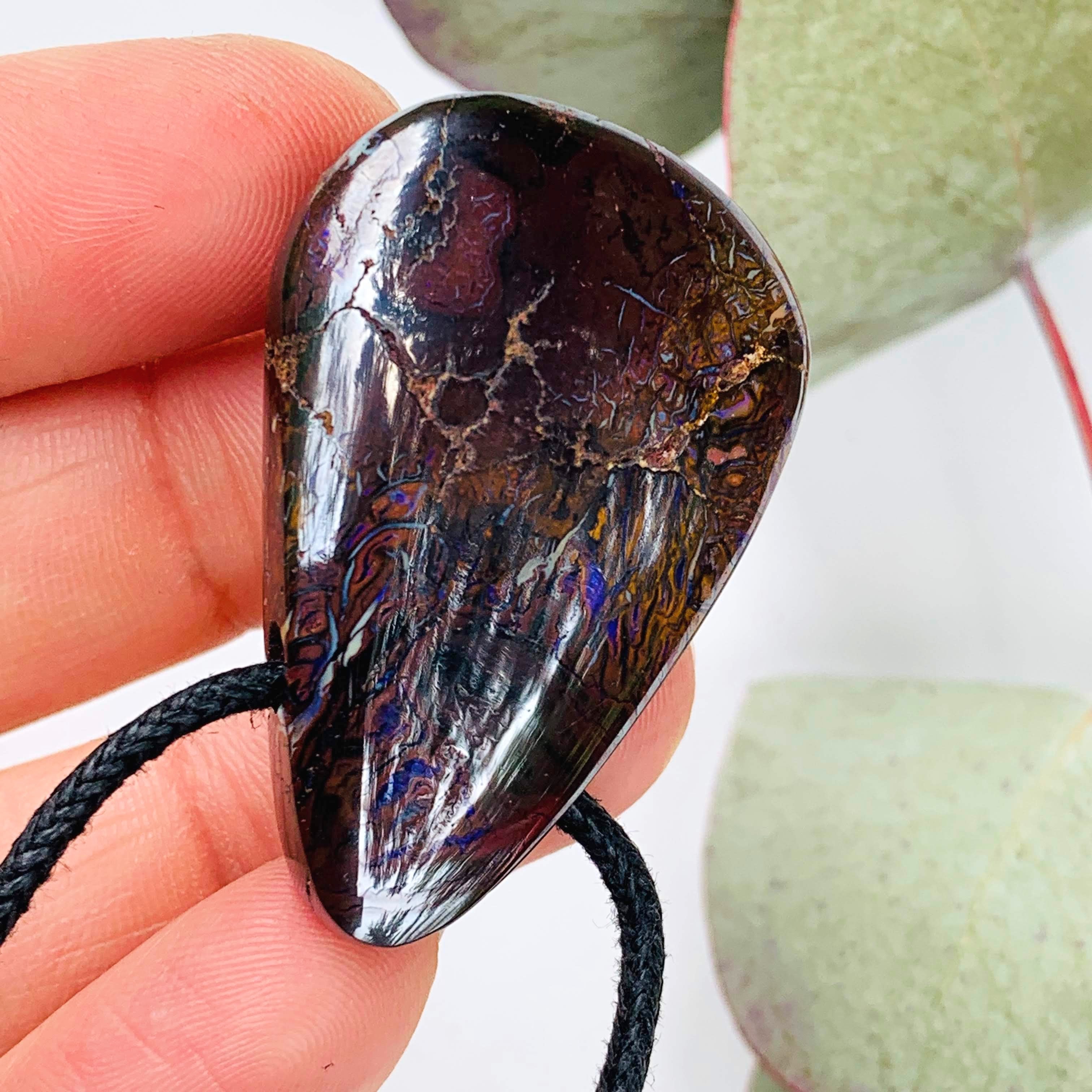 Partially Polished Australia Boulder Opal Pendant on Adjustable Cotton Cord - Earth Family Crystals