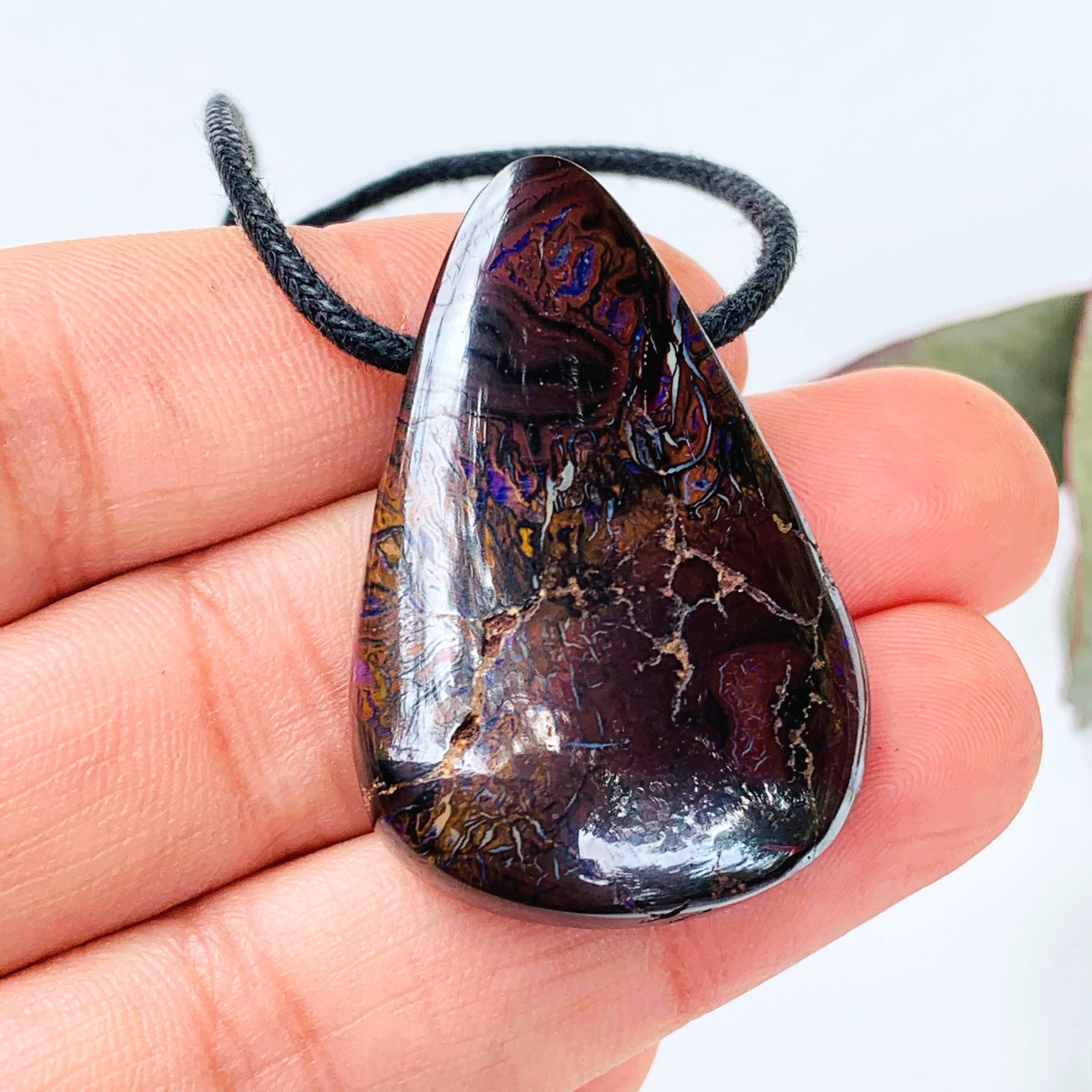 Partially Polished Australia Boulder Opal Pendant on Adjustable Cotton Cord - Earth Family Crystals
