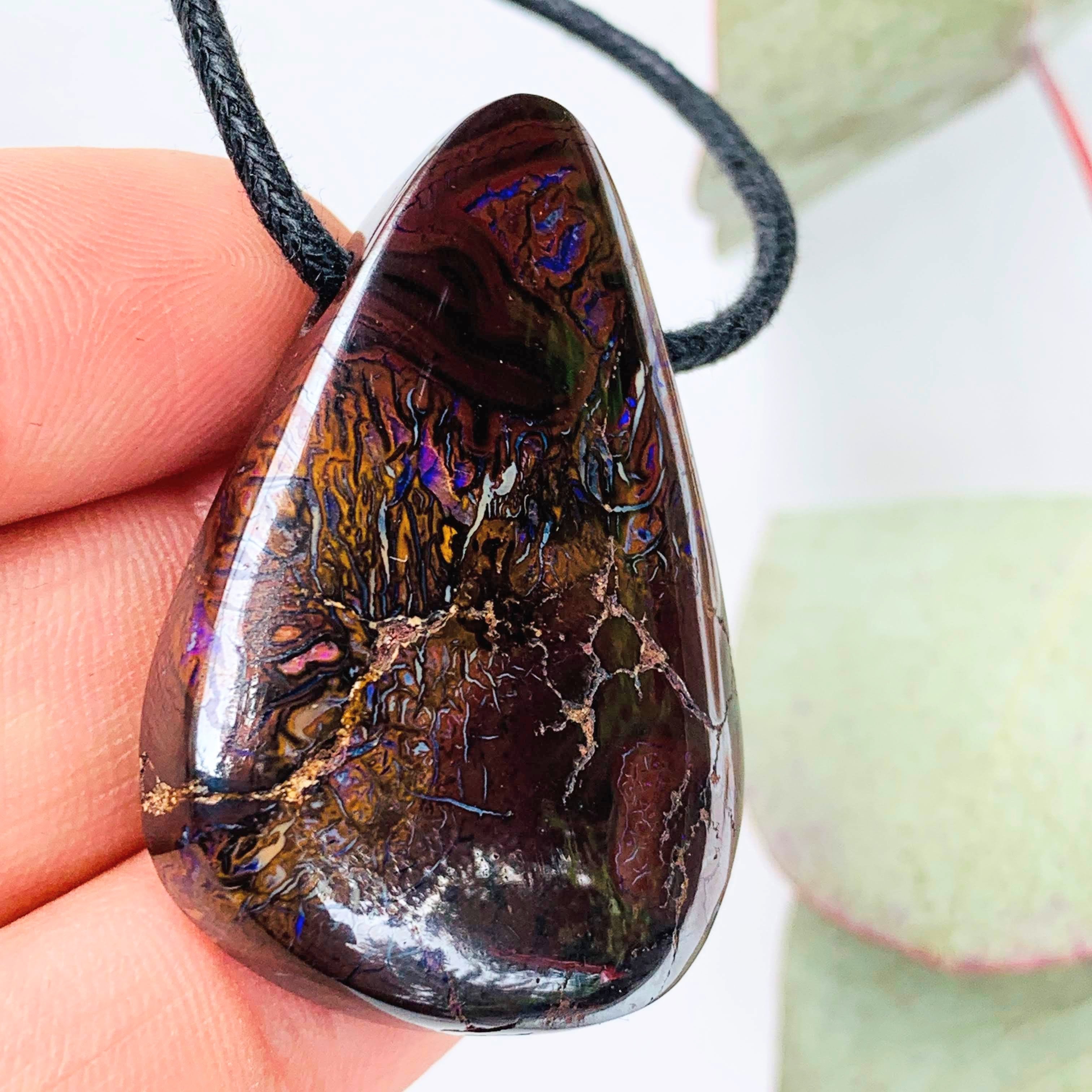 Partially Polished Australia Boulder Opal Pendant on Adjustable Cotton Cord - Earth Family Crystals