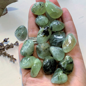 Set of 2 Prehnite Tumbled Stones With Epidote Inclusions -Locality Mali