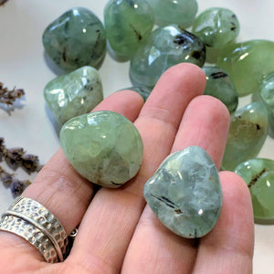 Set of 2 Prehnite Tumbled Stones With Epidote Inclusions -Locality Mali