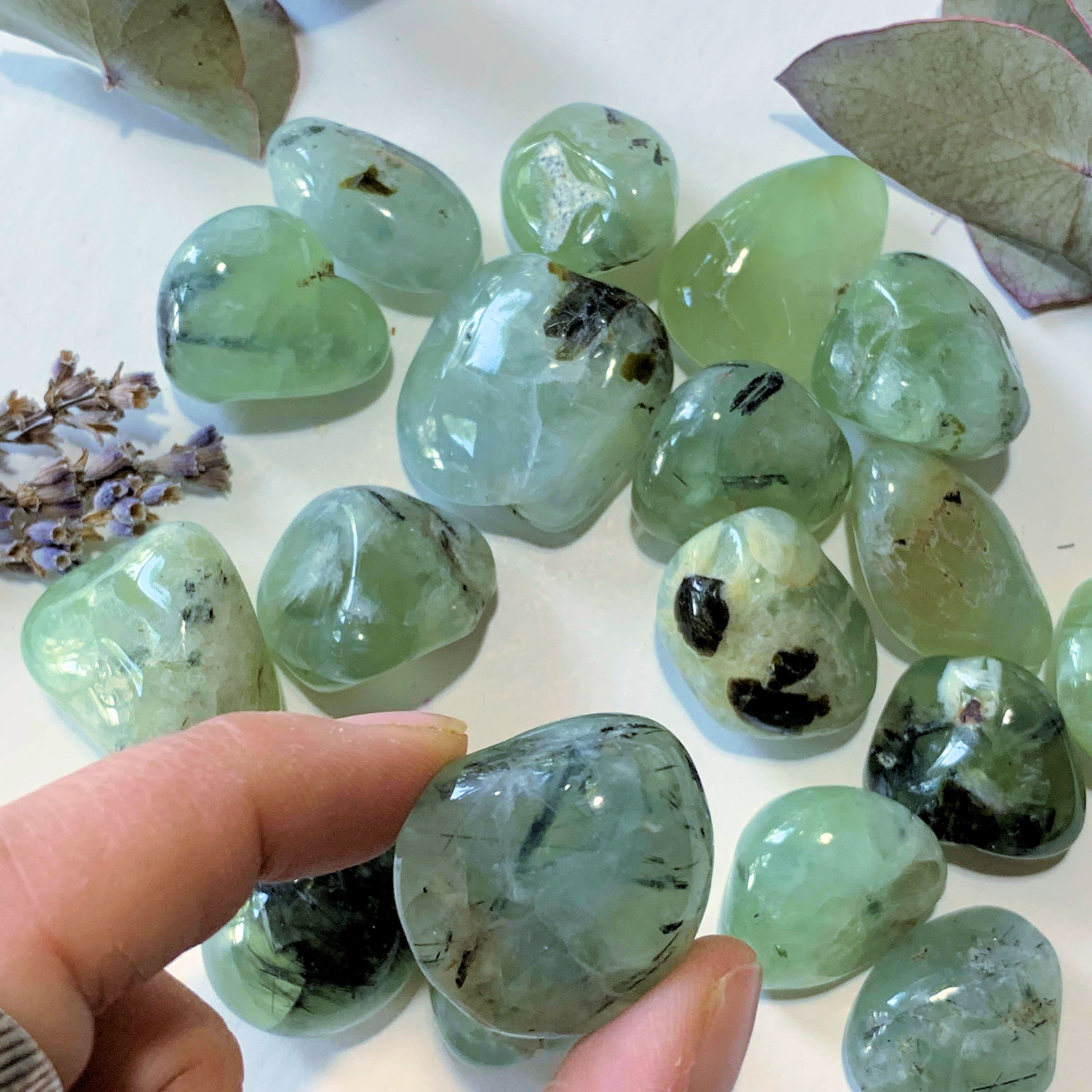 Set of 2 Prehnite Tumbled Stones With Epidote Inclusions -Locality Mali