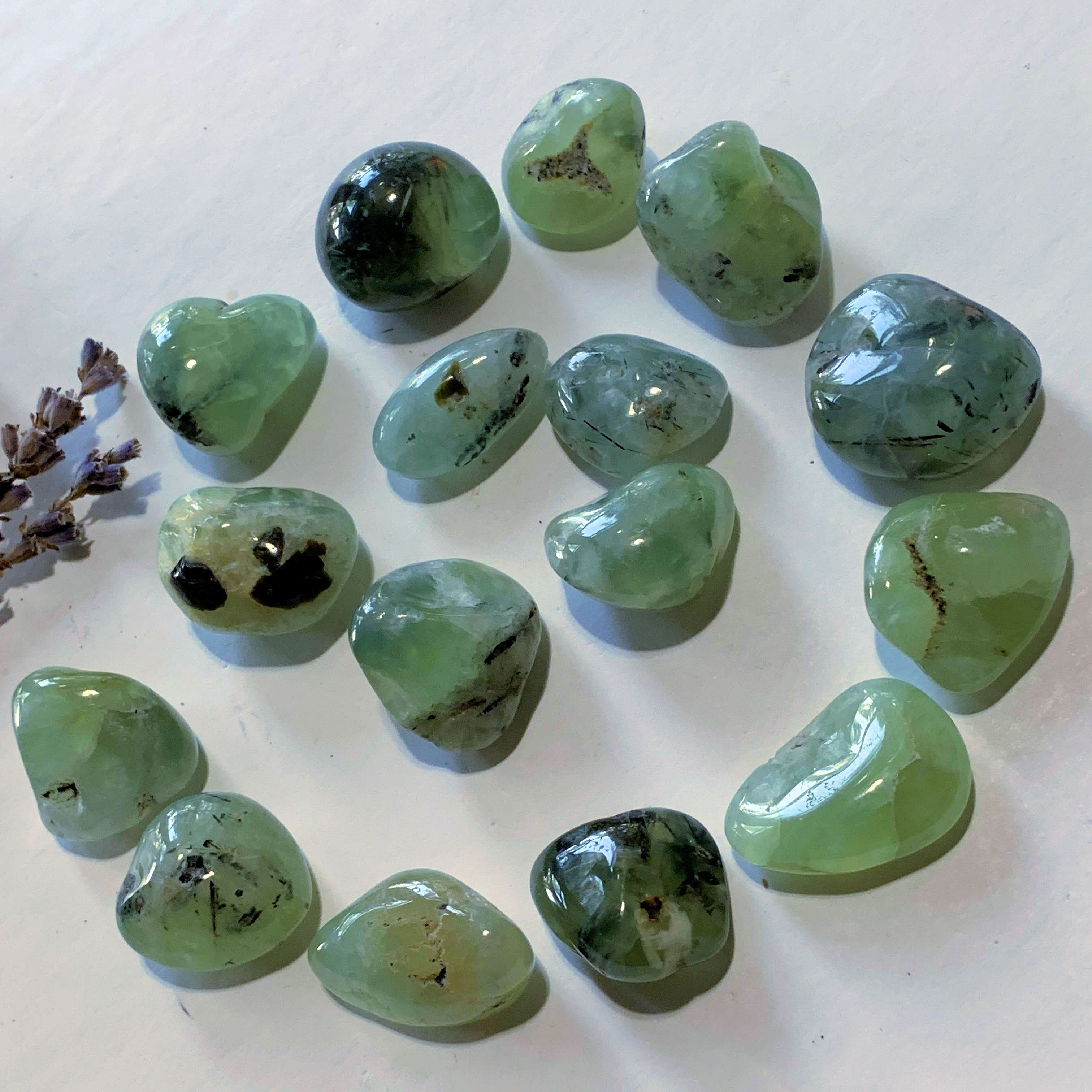 Set of 2 Prehnite Tumbled Stones With Epidote Inclusions -Locality Mali