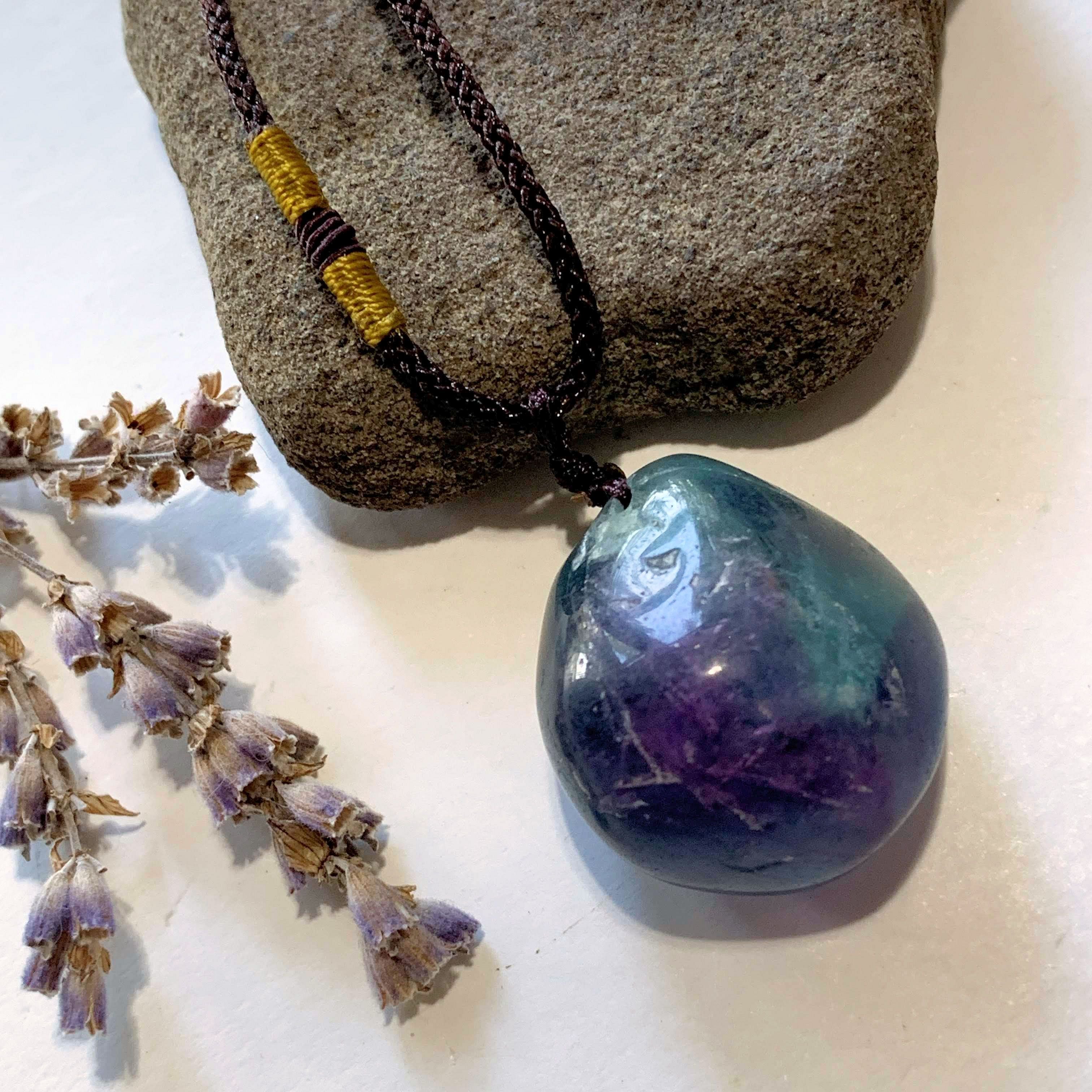 Beautiful Vibrant Polished Rainbow Fluorite Stone Necklace on Adjustable Cord - Earth Family Crystals