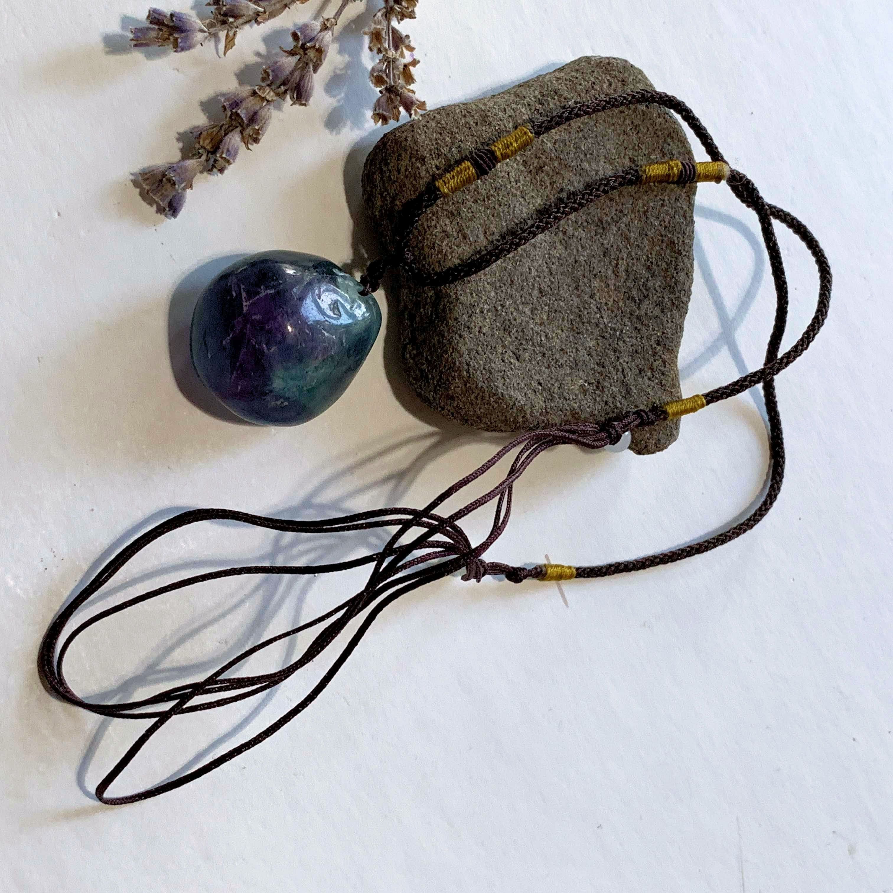 Beautiful Vibrant Polished Rainbow Fluorite Stone Necklace on Adjustable Cord - Earth Family Crystals
