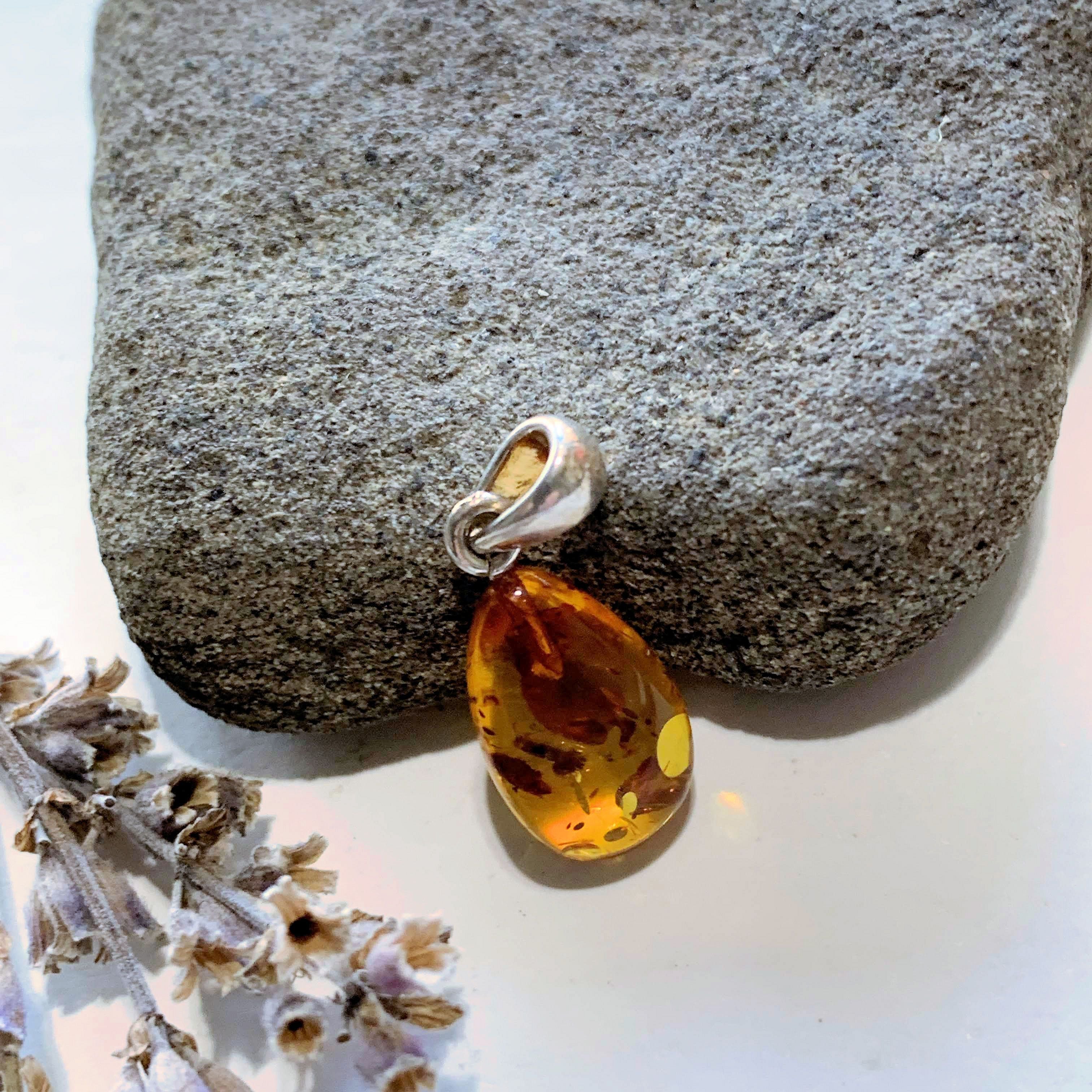 Cute Lithuanian Baltic Amber Dainty Cognac Pendant in Sterling Silver ( Includes Silver Chain) - Earth Family Crystals