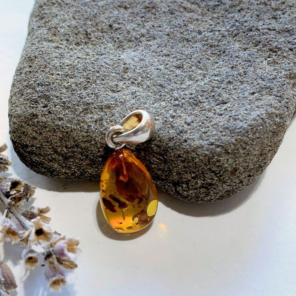 Cute Lithuanian Baltic Amber Dainty Cognac Pendant in Sterling Silver ( Includes Silver Chain) - Earth Family Crystals