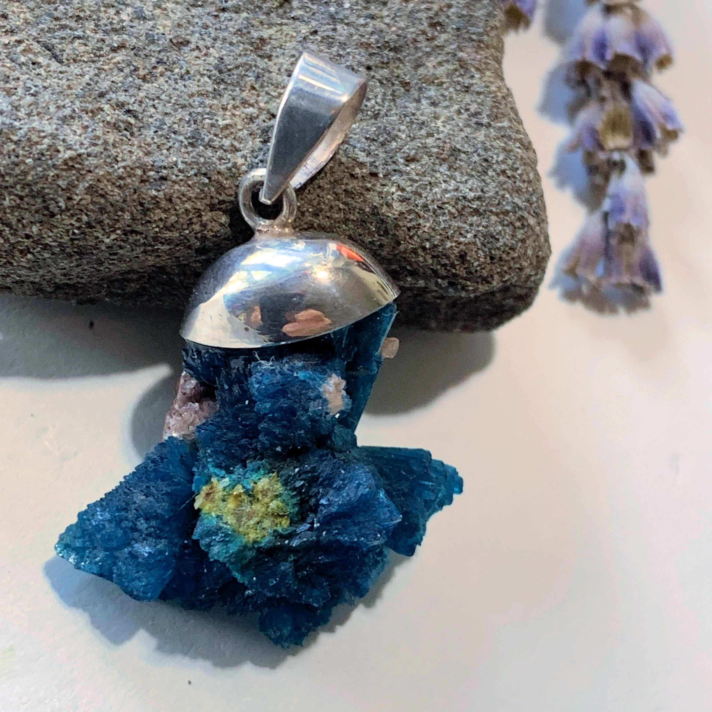 Unique Natural Fanned Cavansite Floating Sterling Silver Pendant (Includes Silver Chain) - Earth Family Crystals