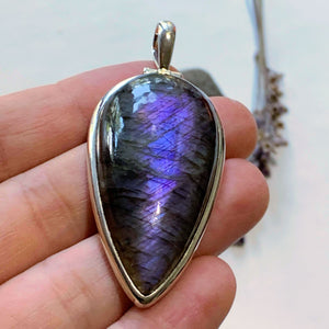 Rare Deep Purple Mysterious Flashes Large Labradorite Sterling Silver Pendant (Includes Silver Chain) - Earth Family Crystals