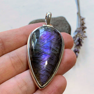 Rare Deep Purple Mysterious Flashes Large Labradorite Sterling Silver Pendant (Includes Silver Chain) - Earth Family Crystals