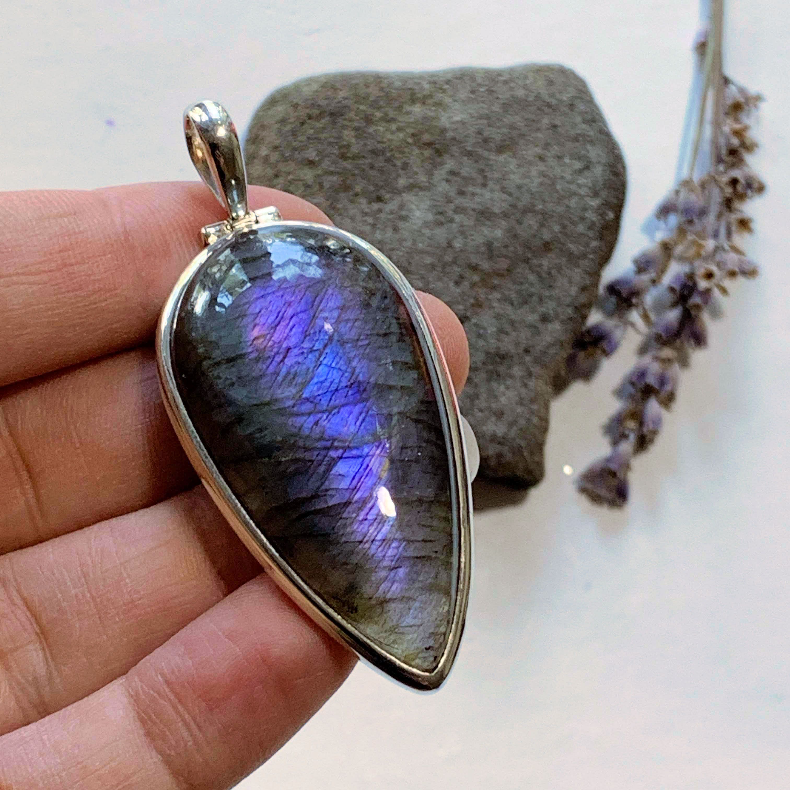 Rare Deep Purple Mysterious Flashes Large Labradorite Sterling Silver Pendant (Includes Silver Chain) - Earth Family Crystals