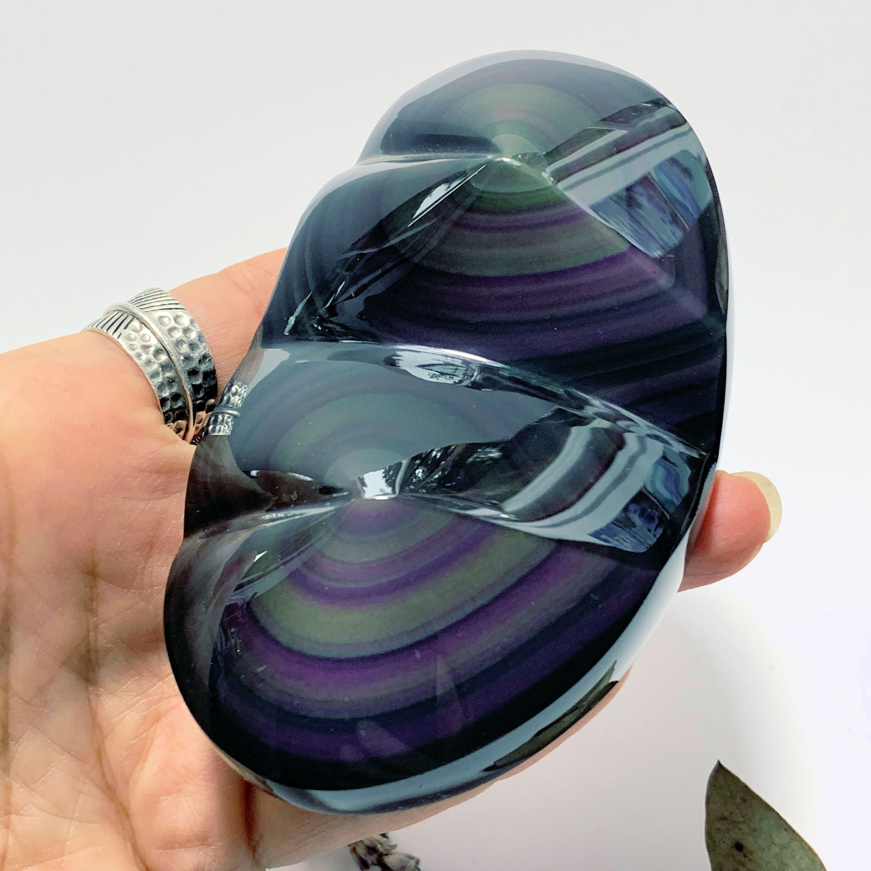 Gorgeous Double Love Heart Rainbow Obsidian Large Carving From Mexico - Earth Family Crystals
