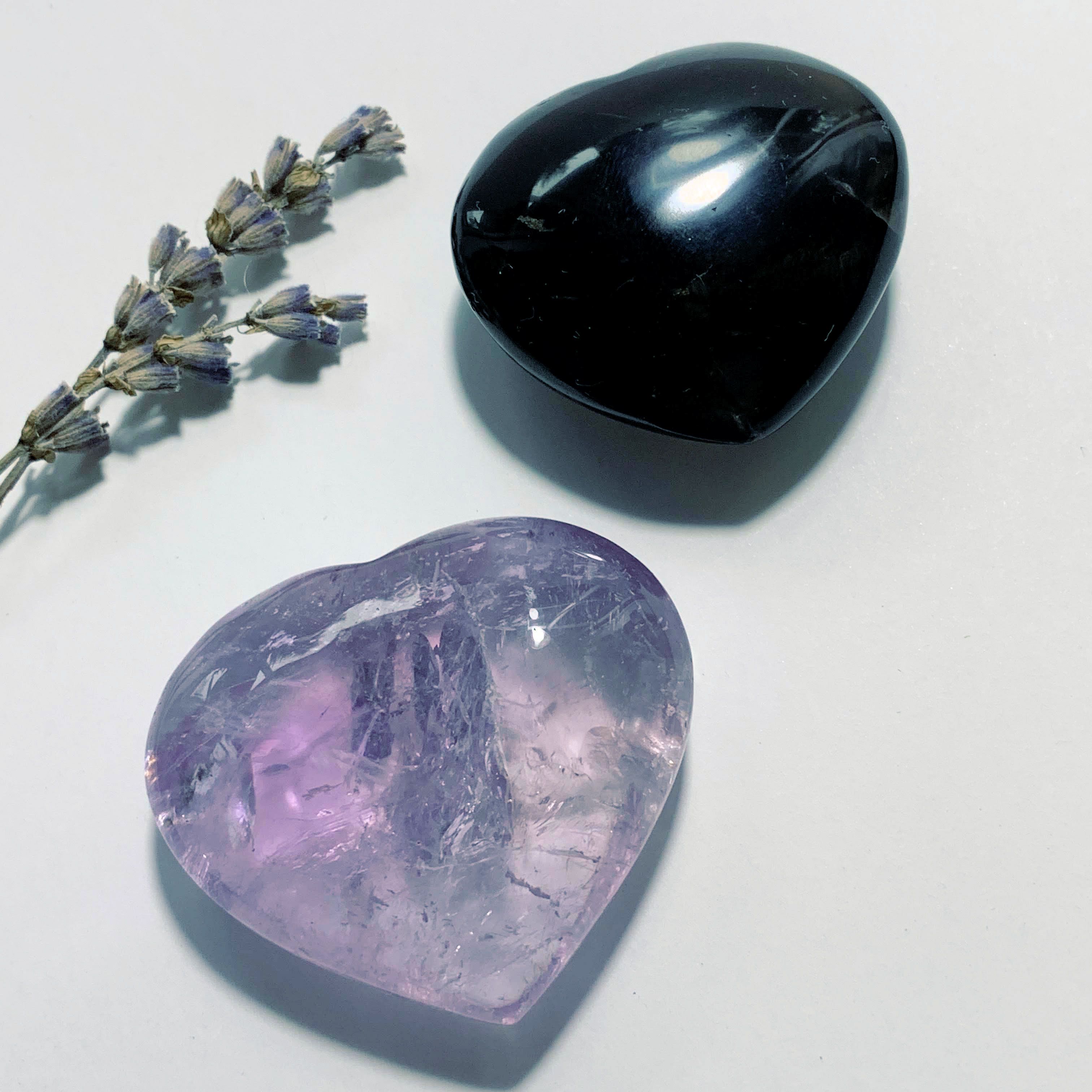 Set of Love Hearts~Smoky Quartz & Amethyst Hand Held Carvings