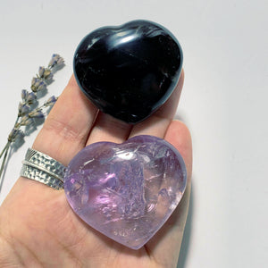 Set of Love Hearts~Smoky Quartz & Amethyst Hand Held Carvings