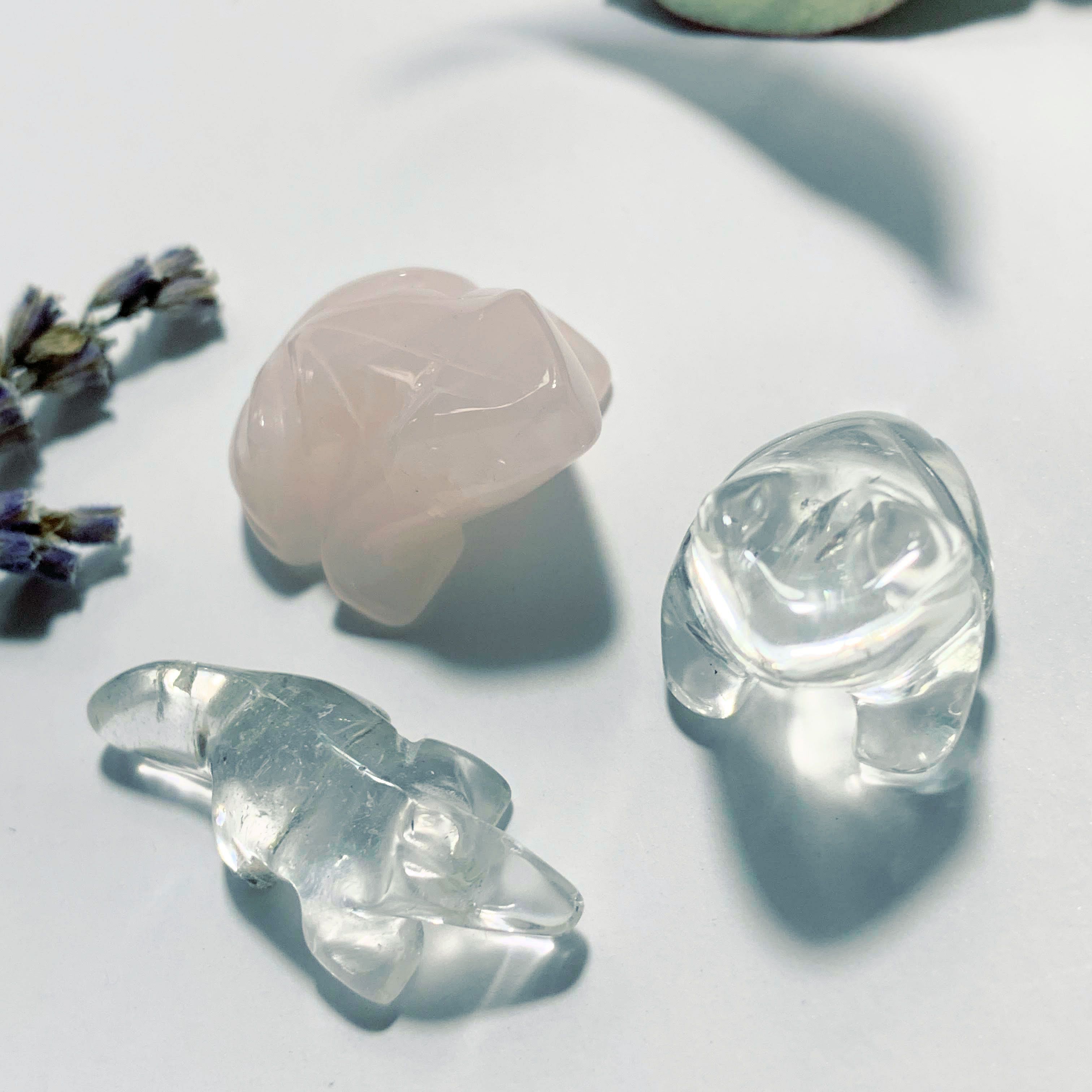Cute Rose Quartz Frog, Clear Quartz Frog & Crocodile Small Display Carvings - Earth Family Crystals