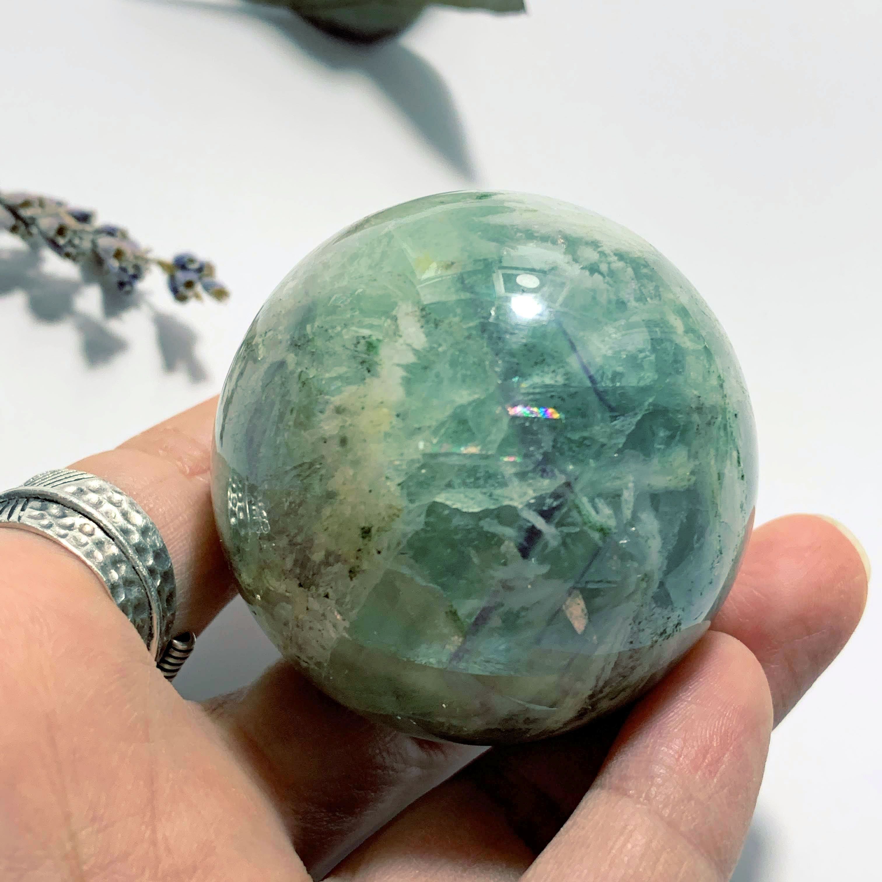 Rainbows Fanned Barite Included Green Fluorite Sphere Carving - Earth Family Crystals